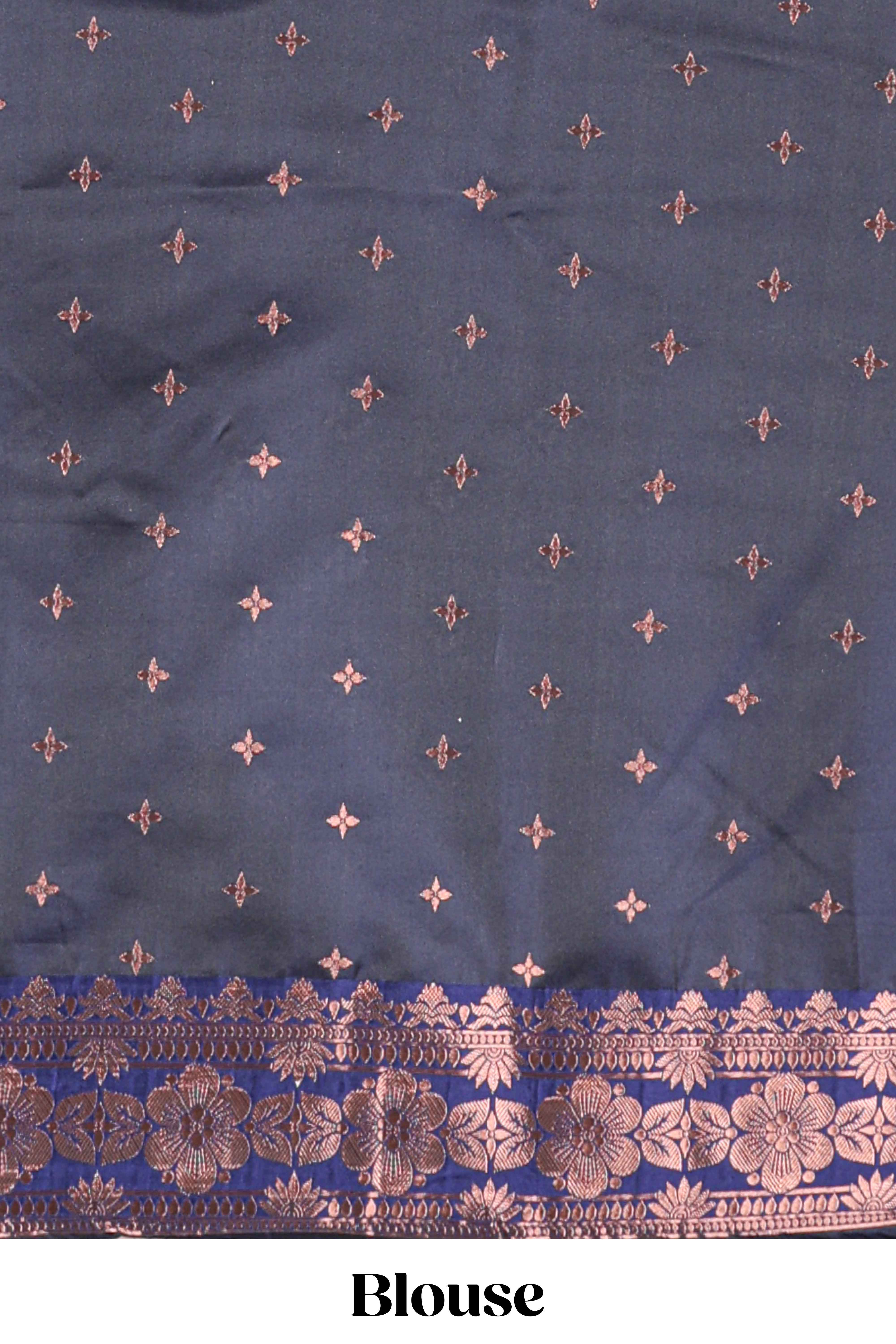 Navy bluelehenga featuring intricate copper thread weaving details with a beautiful contrast border Paired with a brocadeshawl