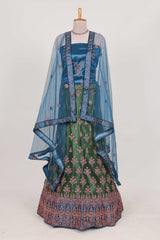Green and blue Beautiful net lehenga with intricate embroidery stone work and contrast border paired with a contrast net shawl