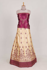 Sandle colour satin lehenga embroidery with a beautiful contrast border paired with a contrast embroidered shawl