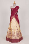 Sandle colour satin lehenga embroidery with a beautiful contrast border paired with a contrast embroidered shawl