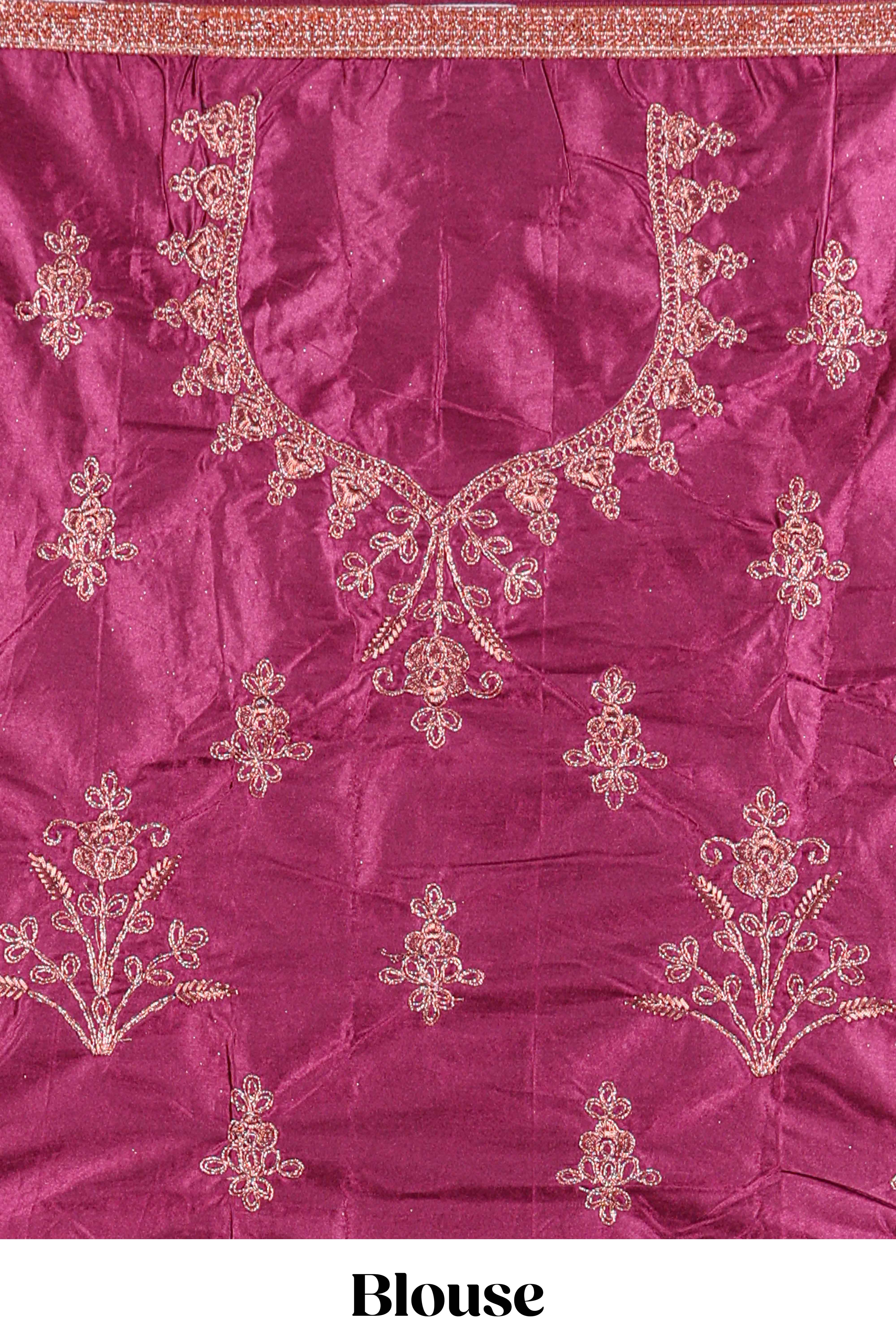 Sandle colour satin lehenga embroidery with a beautiful contrast border paired with a contrast embroidered shawl