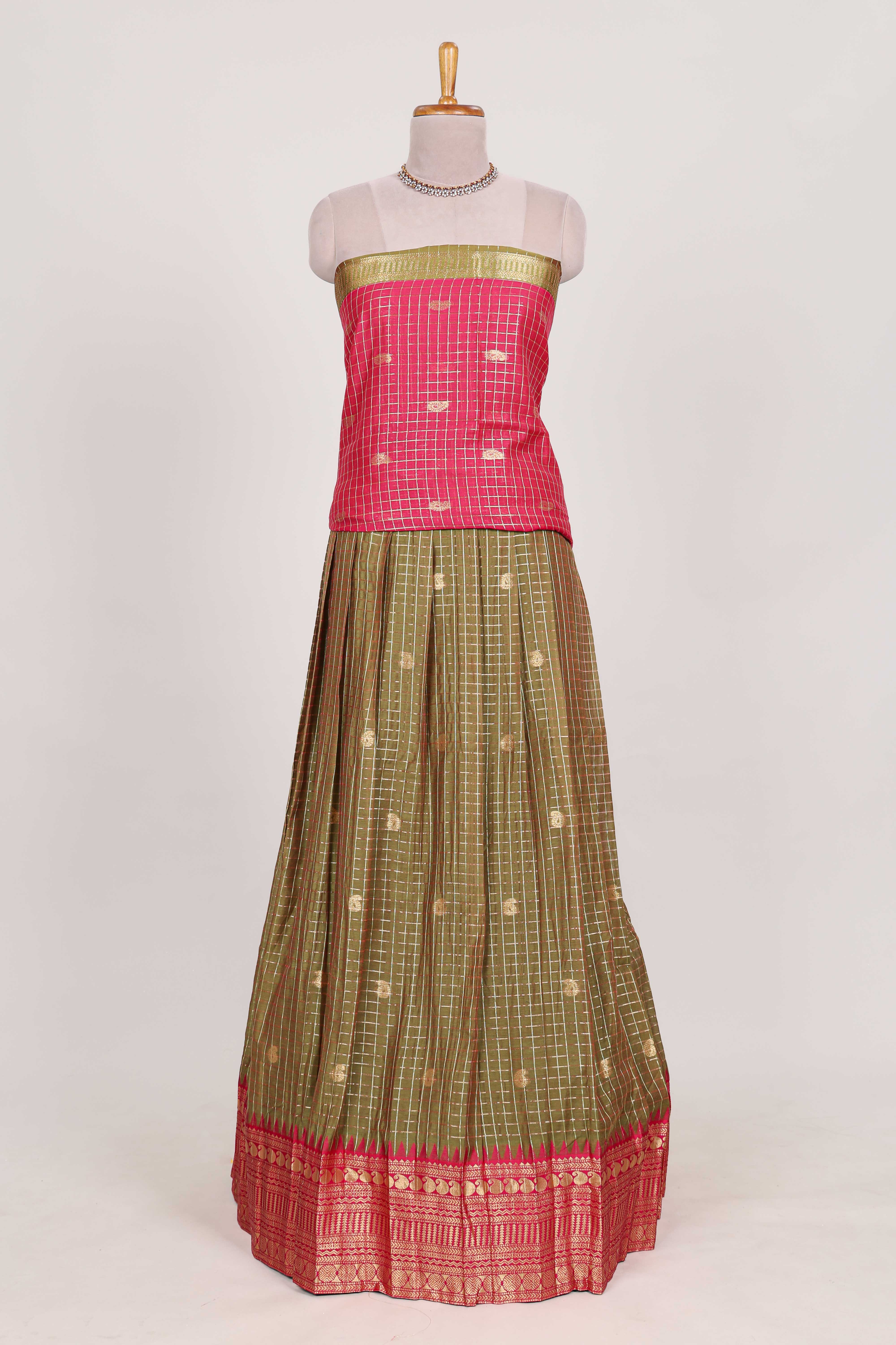 Olive Green and Pink Chettinad Art Cotton Half Saree with Gold Zari Checks Traditional Border and Elegant Woven Detailing Shawl with a Waist Belt