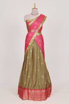 Olive Green and Pink Chettinad Art Cotton Half Saree with Gold Zari Checks Traditional Border and Elegant Woven Detailing Shawl with a Waist Belt
