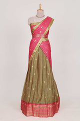 Olive Green and Pink Chettinad Art Cotton Half Saree with Gold Zari Checks Traditional Border and Elegant Woven Detailing Shawl with a Waist Belt