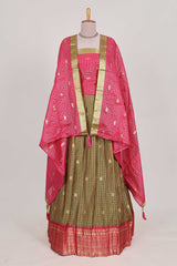 Olive Green and Pink Chettinad Art Cotton Half Saree with Gold Zari Checks Traditional Border and Elegant Woven Detailing Shawl with a Waist Belt