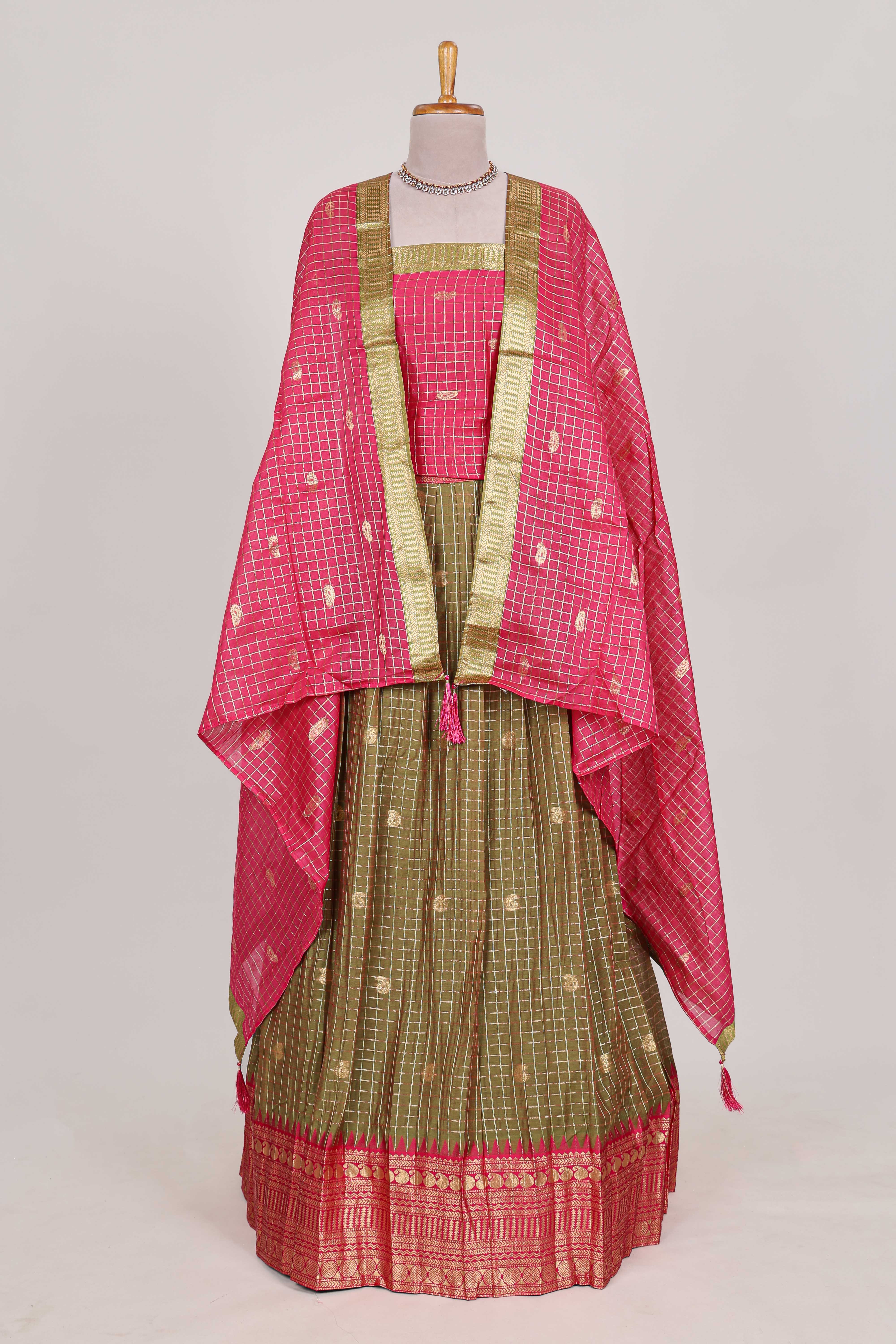 Olive Green and Pink Chettinad Art Cotton Half Saree with Gold Zari Checks Traditional Border and Elegant Woven Detailing Shawl with a Waist Belt