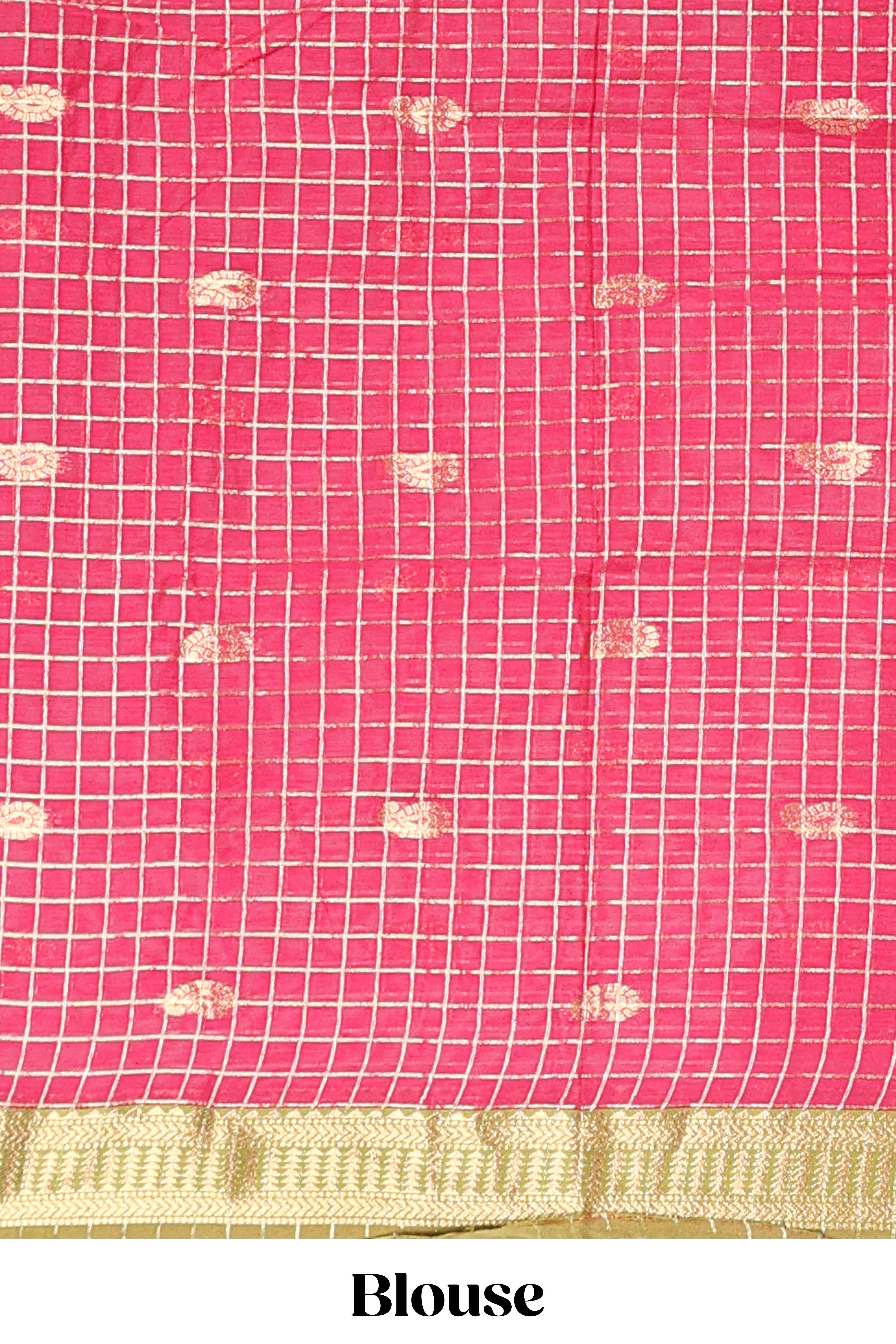 Olive Green and Pink Chettinad Art Cotton Half Saree with Gold Zari Checks Traditional Border and Elegant Woven Detailing Shawl with a Waist Belt