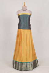 Turmeric Yellow and Green Chettinad Art Cotton Half Saree with Gold Zari Checks Traditional Border and Elegant Woven Detailing Shawl with a Waist Belt