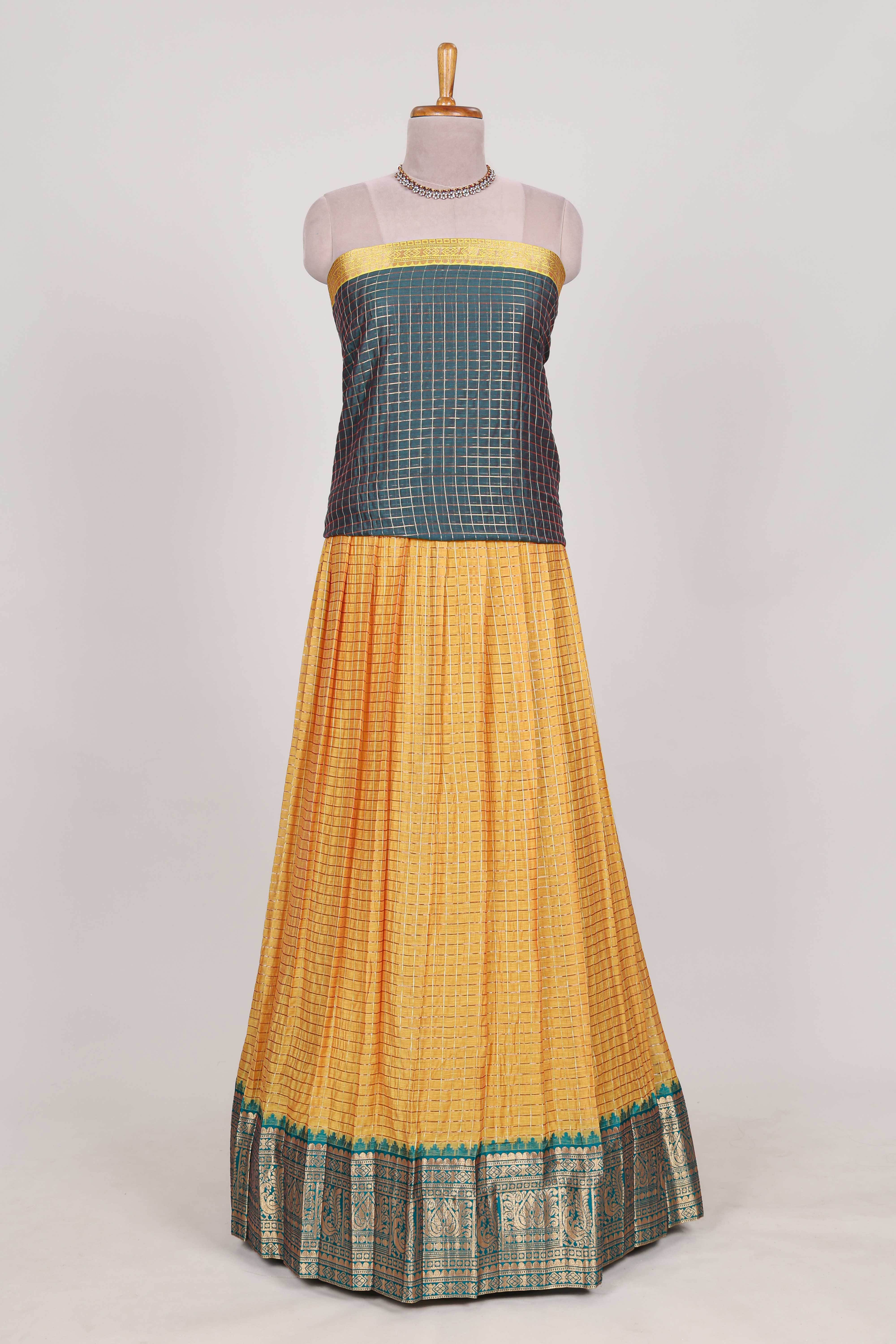 Turmeric Yellow and Green Chettinad Art Cotton Half Saree with Gold Zari Checks Traditional Border and Elegant Woven Detailing Shawl with a Waist Belt