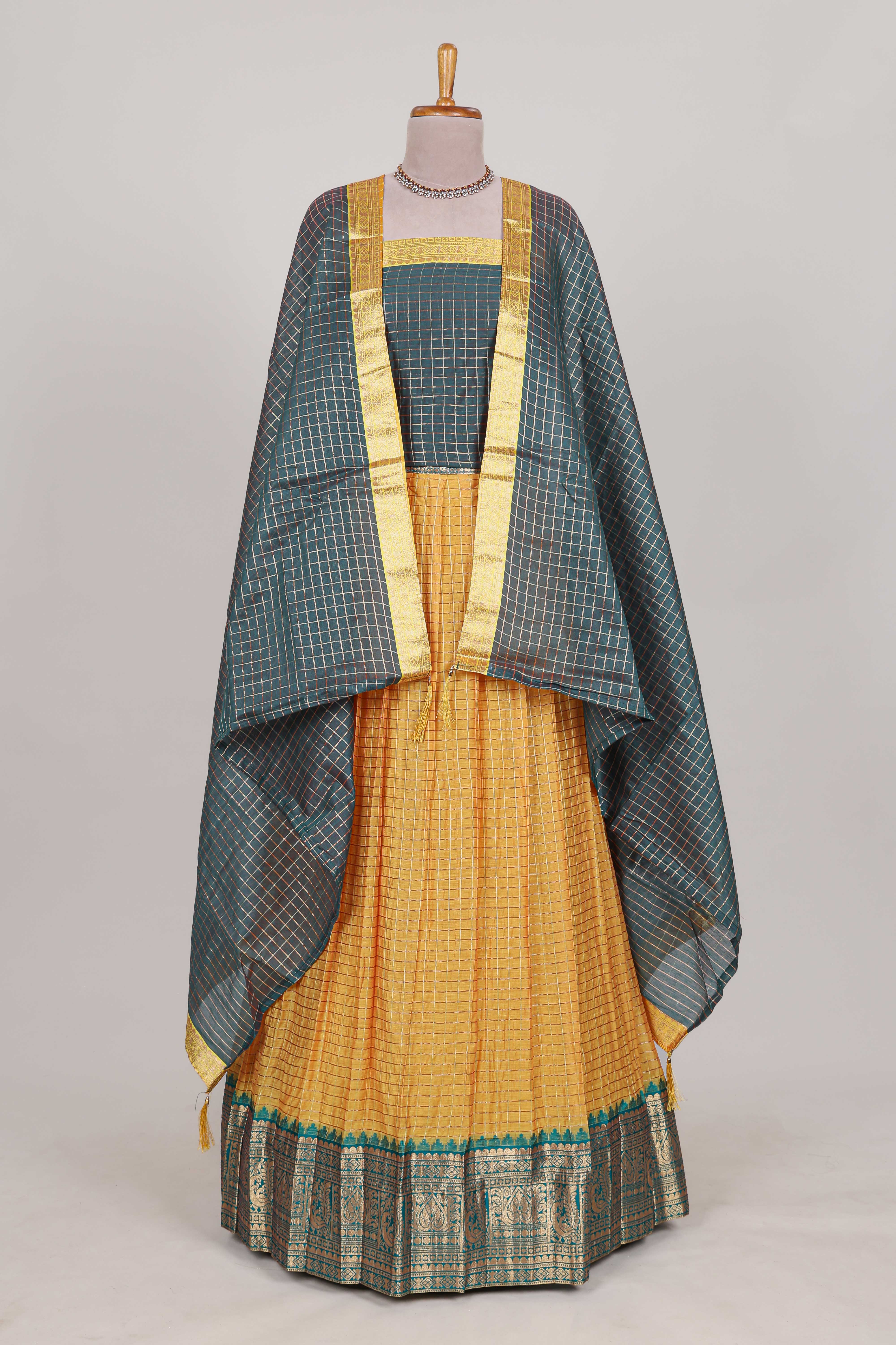 Turmeric Yellow and Green Chettinad Art Cotton Half Saree with Gold Zari Checks Traditional Border and Elegant Woven Detailing Shawl with a Waist Belt