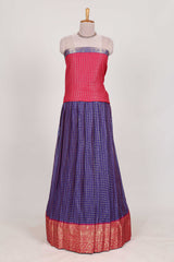 Violet and Pink Chettinad Art Cotton Half Saree with Gold Zari Checks Traditional Border and Elegant Woven Detailing Shawl with a Waist Belt