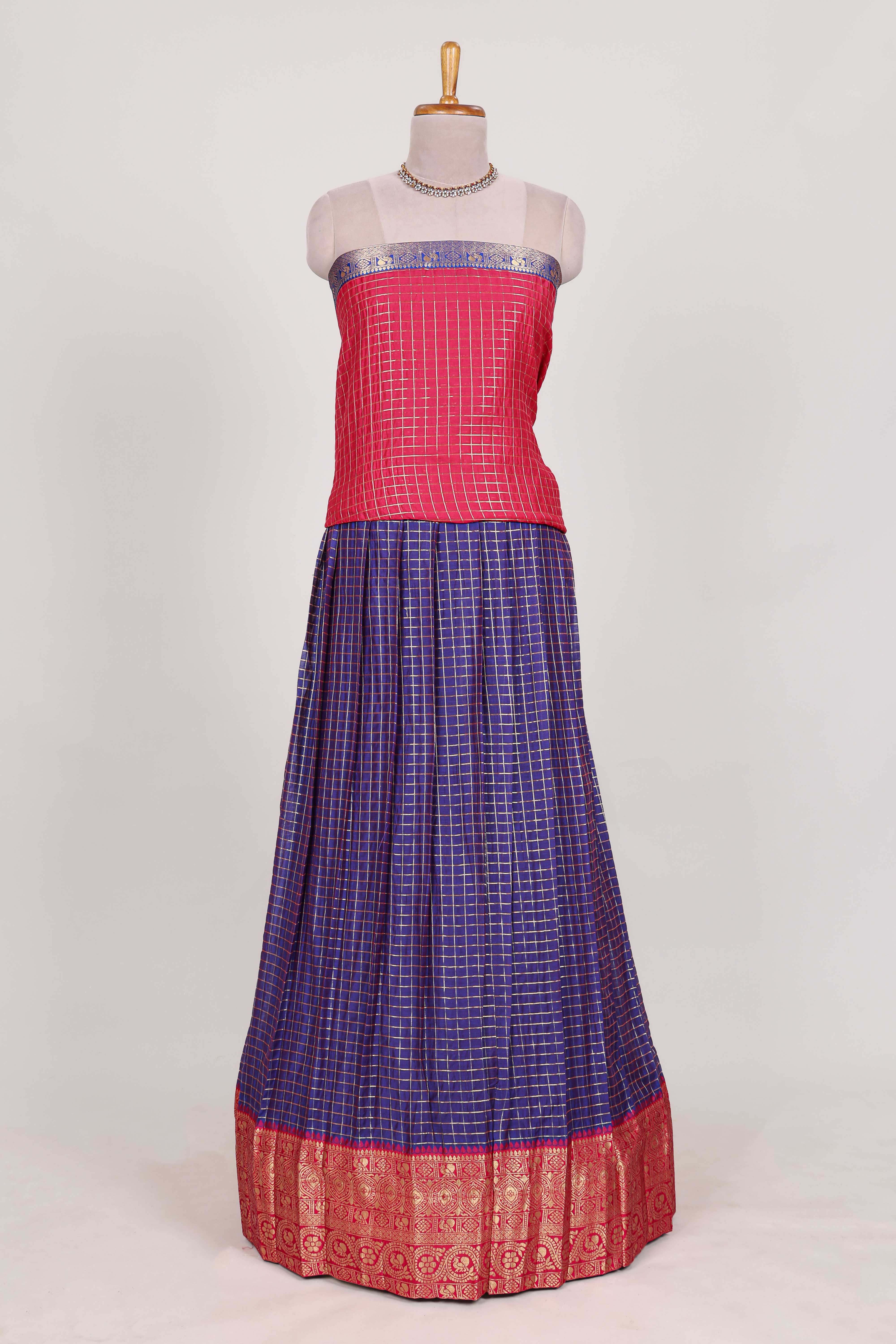 Violet and Pink Chettinad Art Cotton Half Saree with Gold Zari Checks Traditional Border and Elegant Woven Detailing Shawl with a Waist Belt