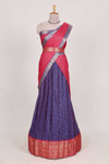 Violet and Pink Chettinad Art Cotton Half Saree with Gold Zari Checks Traditional Border and Elegant Woven Detailing Shawl with a Waist Belt