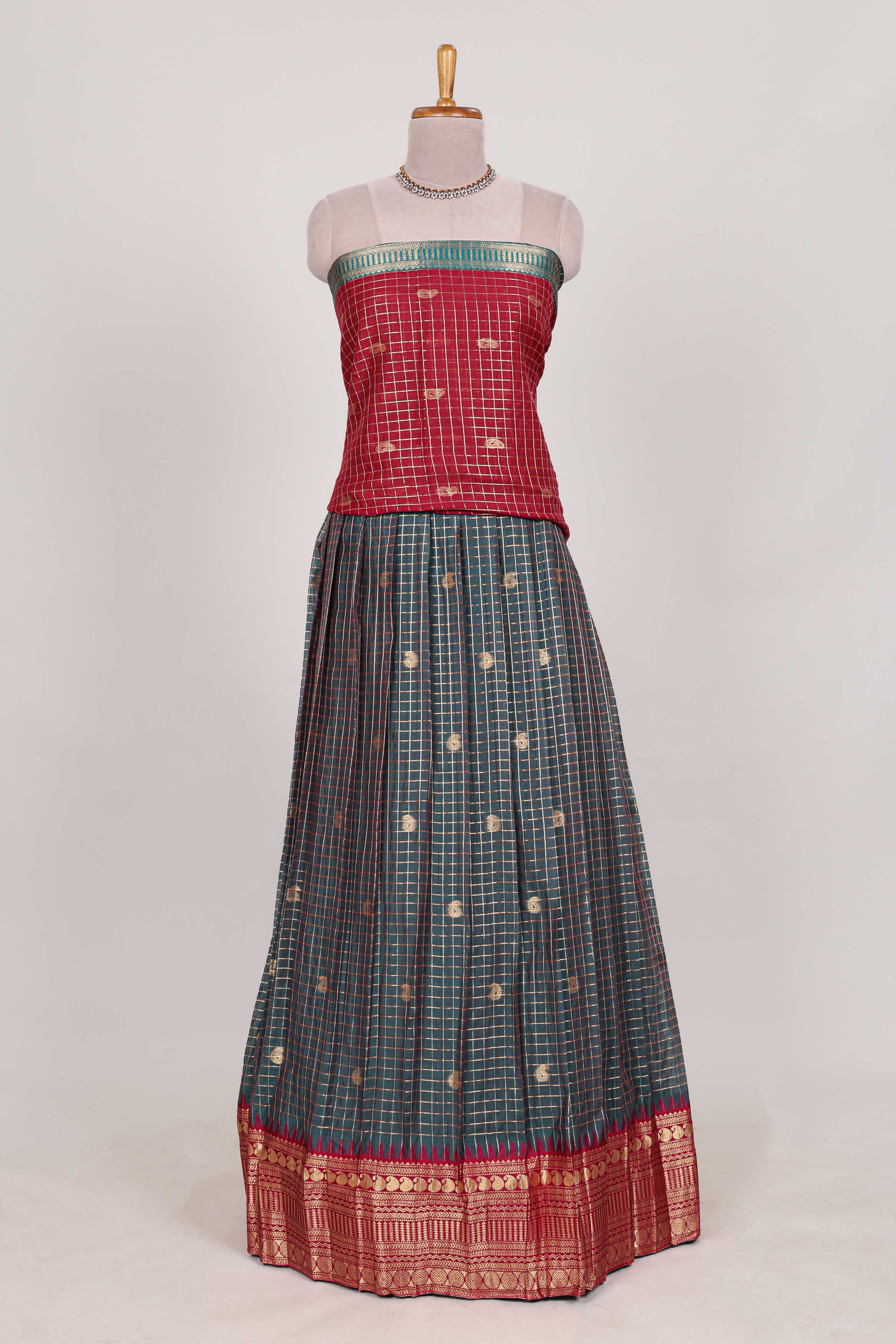 Dark Green and Red Chettinad Art Cotton Half Saree with Gold Zari Checks Traditional Border and Elegant Woven Detailing Shawl with a Waist Belt