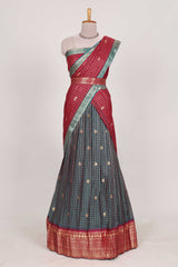 Dark Green and Red Chettinad Art Cotton Half Saree with Gold Zari Checks Traditional Border and Elegant Woven Detailing Shawl with a Waist Belt