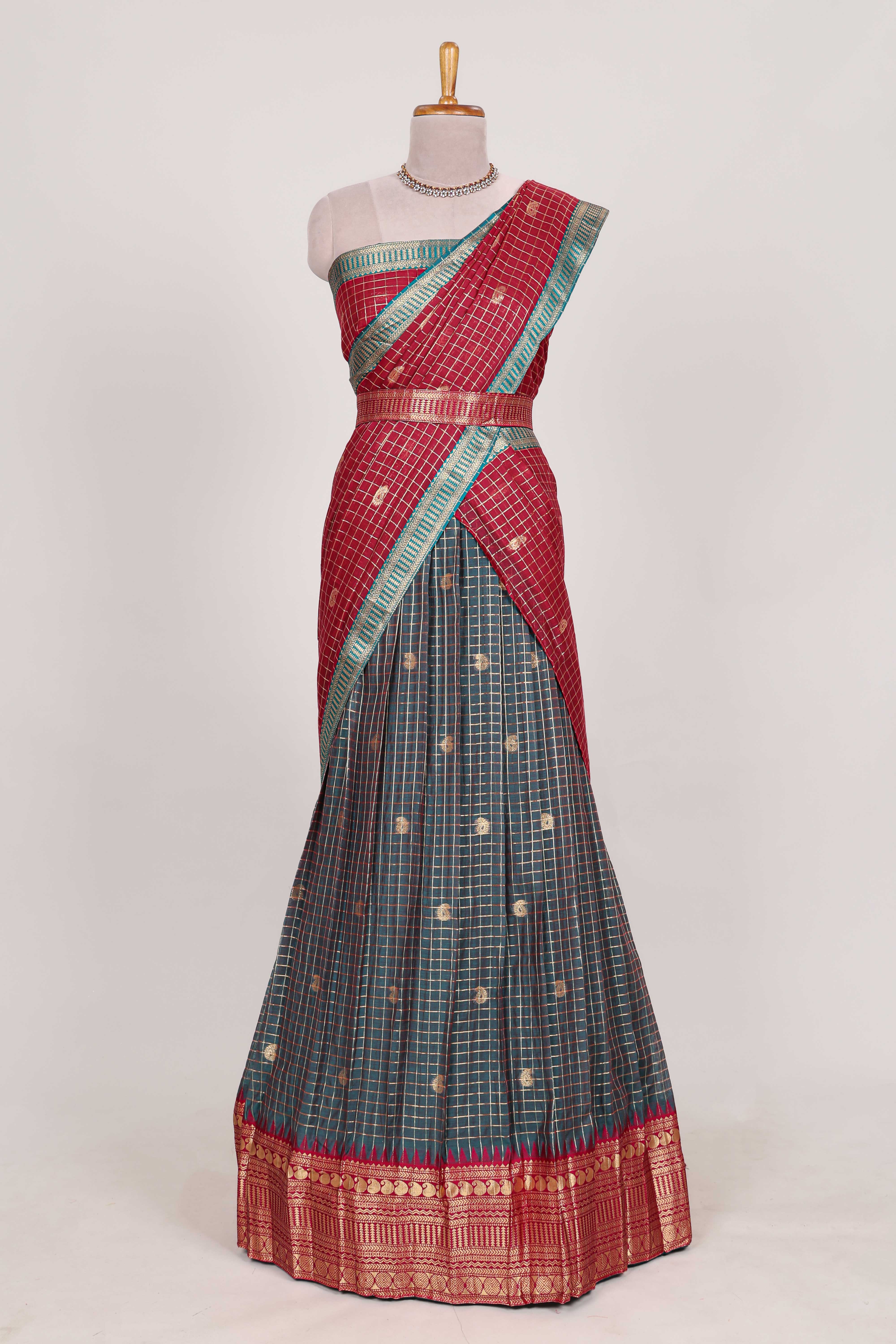 Dark Green and Red Chettinad Art Cotton Half Saree with Gold Zari Checks Traditional Border and Elegant Woven Detailing Shawl with a Waist Belt