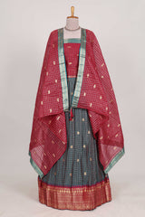 Dark Green and Red Chettinad Art Cotton Half Saree with Gold Zari Checks Traditional Border and Elegant Woven Detailing Shawl with a Waist Belt
