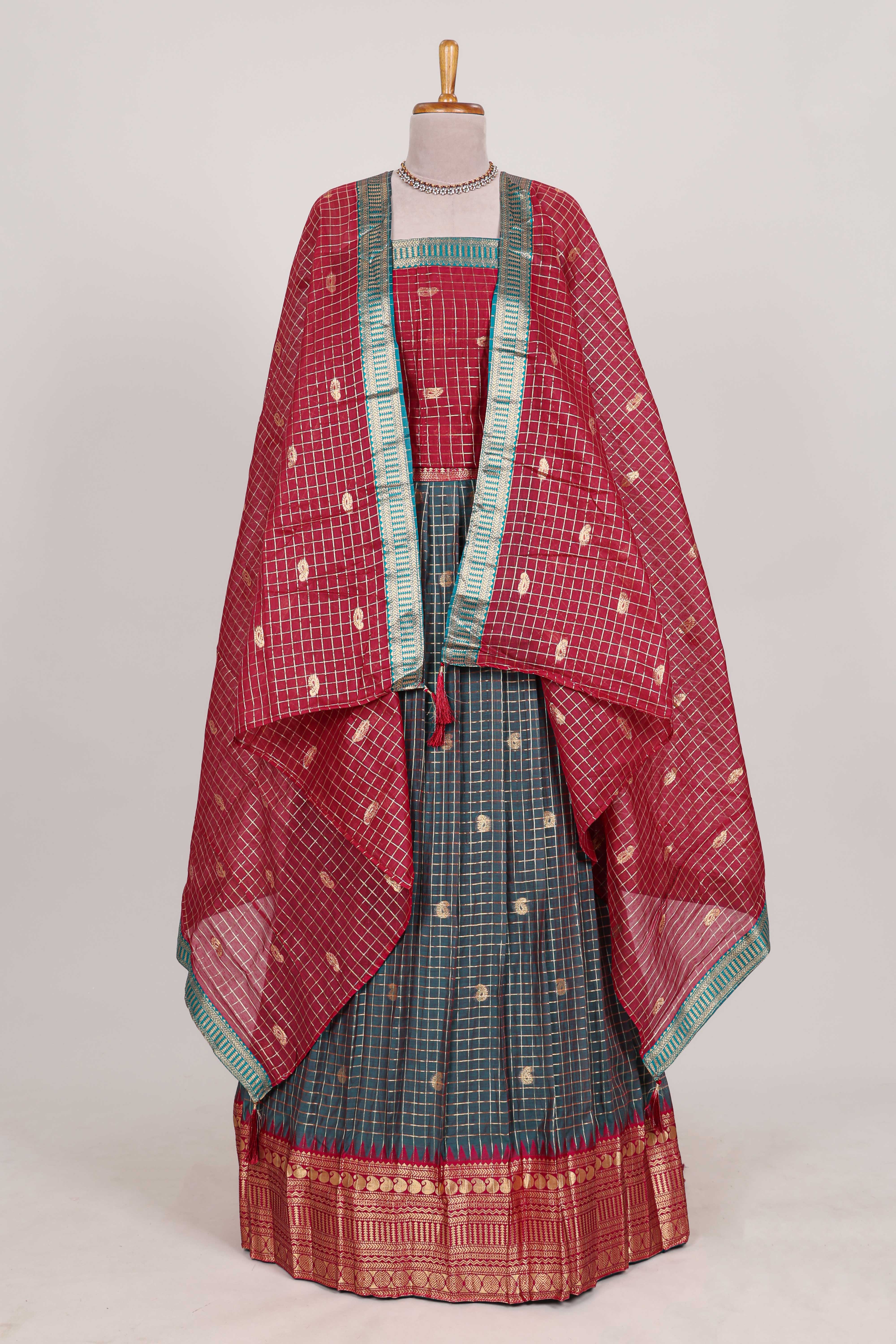 Dark Green and Red Chettinad Art Cotton Half Saree with Gold Zari Checks Traditional Border and Elegant Woven Detailing Shawl with a Waist Belt