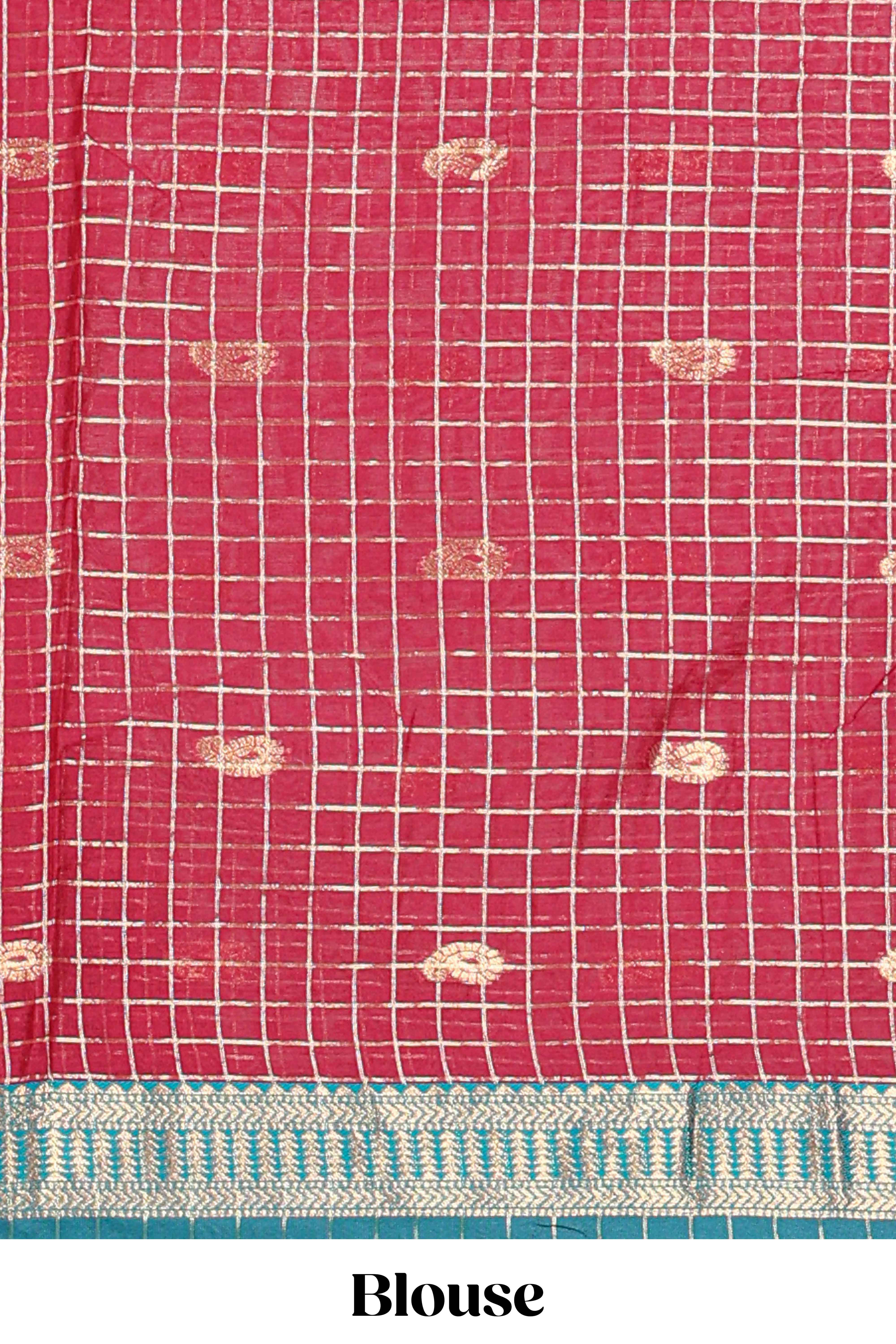 Dark Green and Red Chettinad Art Cotton Half Saree with Gold Zari Checks Traditional Border and Elegant Woven Detailing Shawl with a Waist Belt