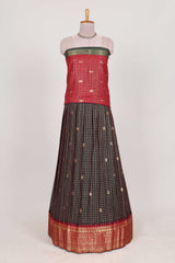 Dark Brown and Red Chettinad Art Cotton Half Saree with Gold Zari Checks Traditional Border and Elegant Woven Detailing Shawl with a Waist Belt