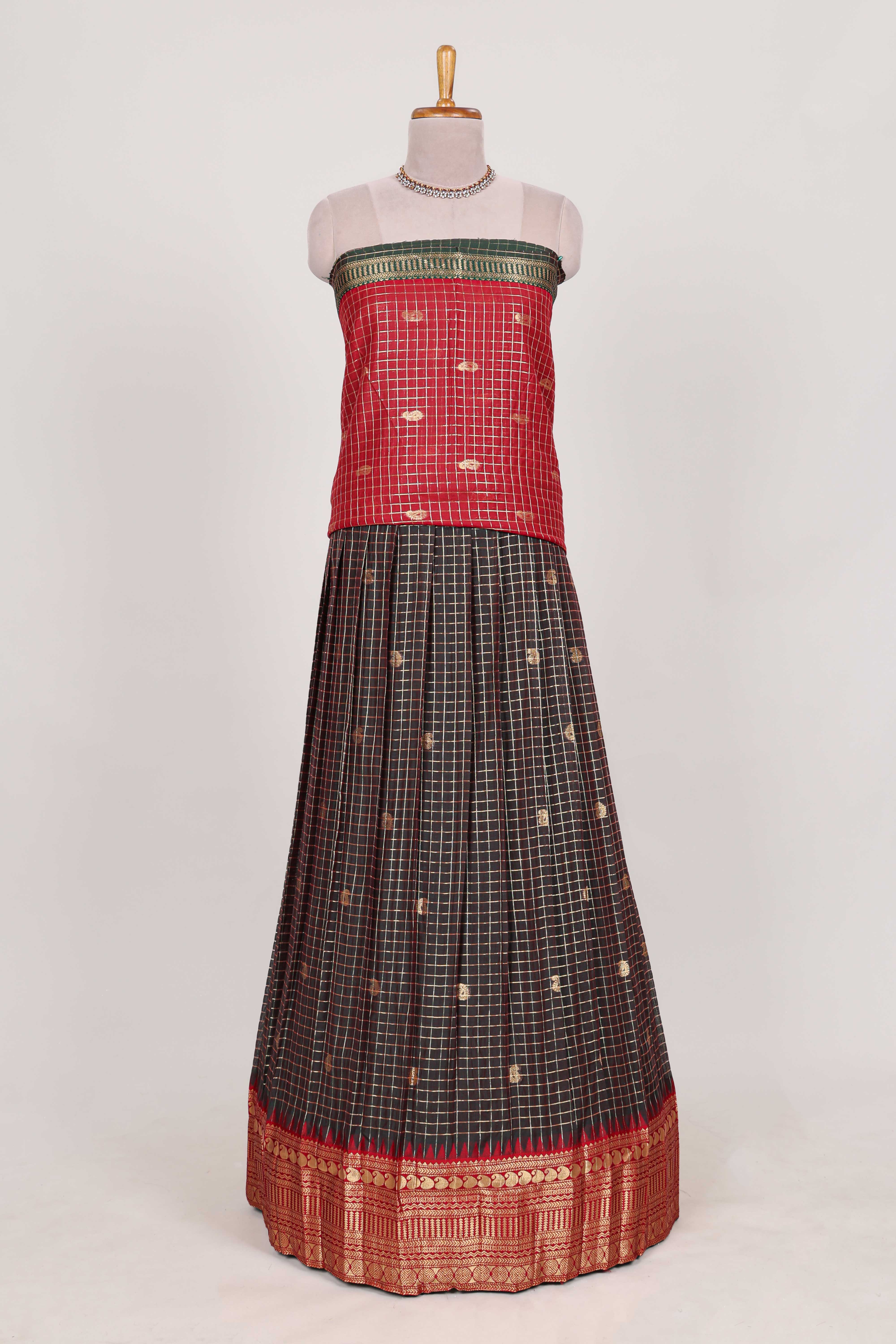 Dark Brown and Red Chettinad Art Cotton Half Saree with Gold Zari Checks Traditional Border and Elegant Woven Detailing Shawl with a Waist Belt