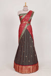 Dark Brown and Red Chettinad Art Cotton Half Saree with Gold Zari Checks Traditional Border and Elegant Woven Detailing Shawl with a Waist Belt