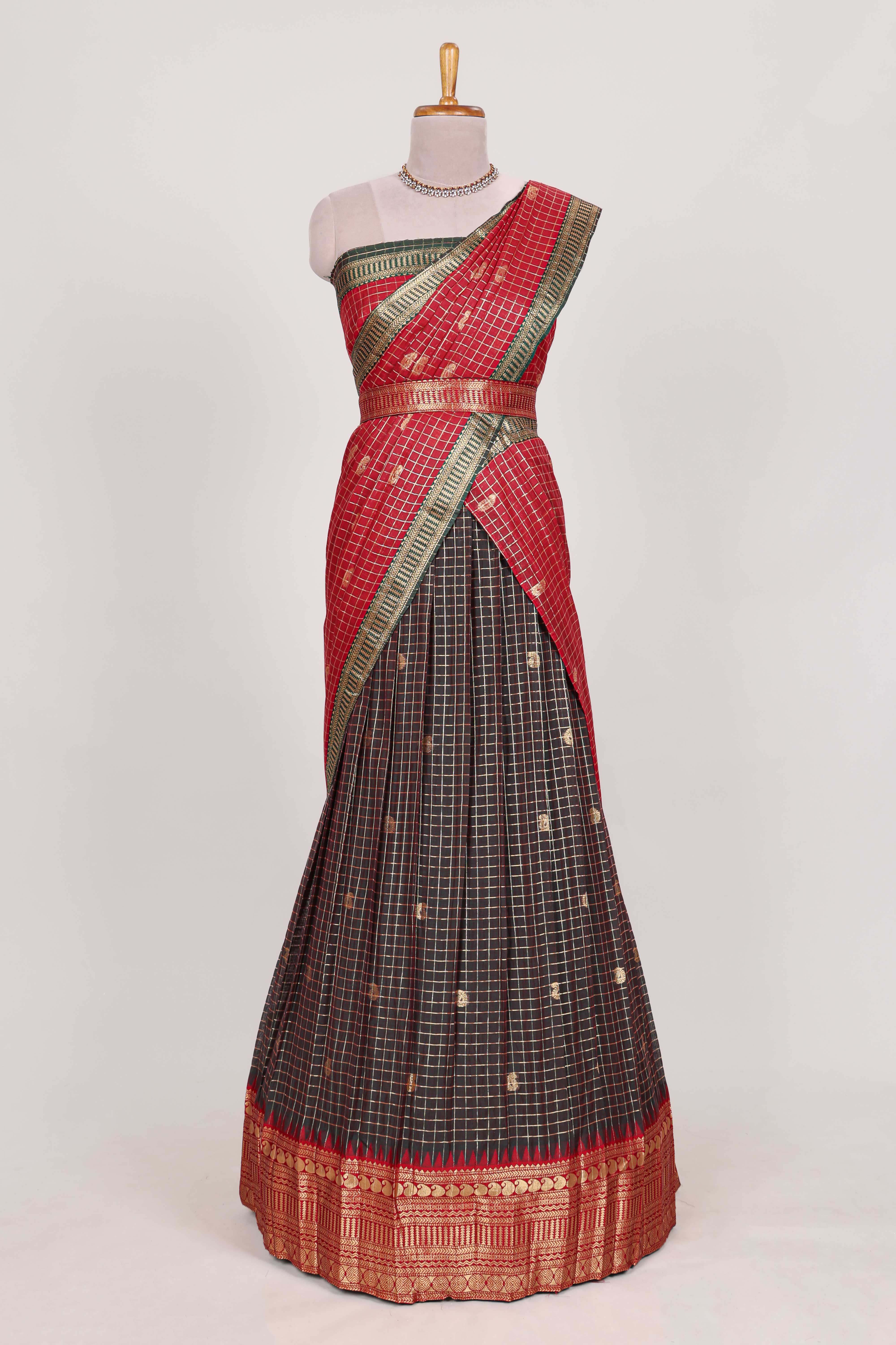 Dark Brown and Red Chettinad Art Cotton Half Saree with Gold Zari Checks Traditional Border and Elegant Woven Detailing Shawl with a Waist Belt