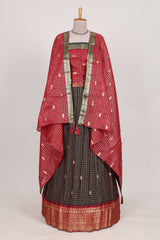 Dark Brown and Red Chettinad Art Cotton Half Saree with Gold Zari Checks Traditional Border and Elegant Woven Detailing Shawl with a Waist Belt