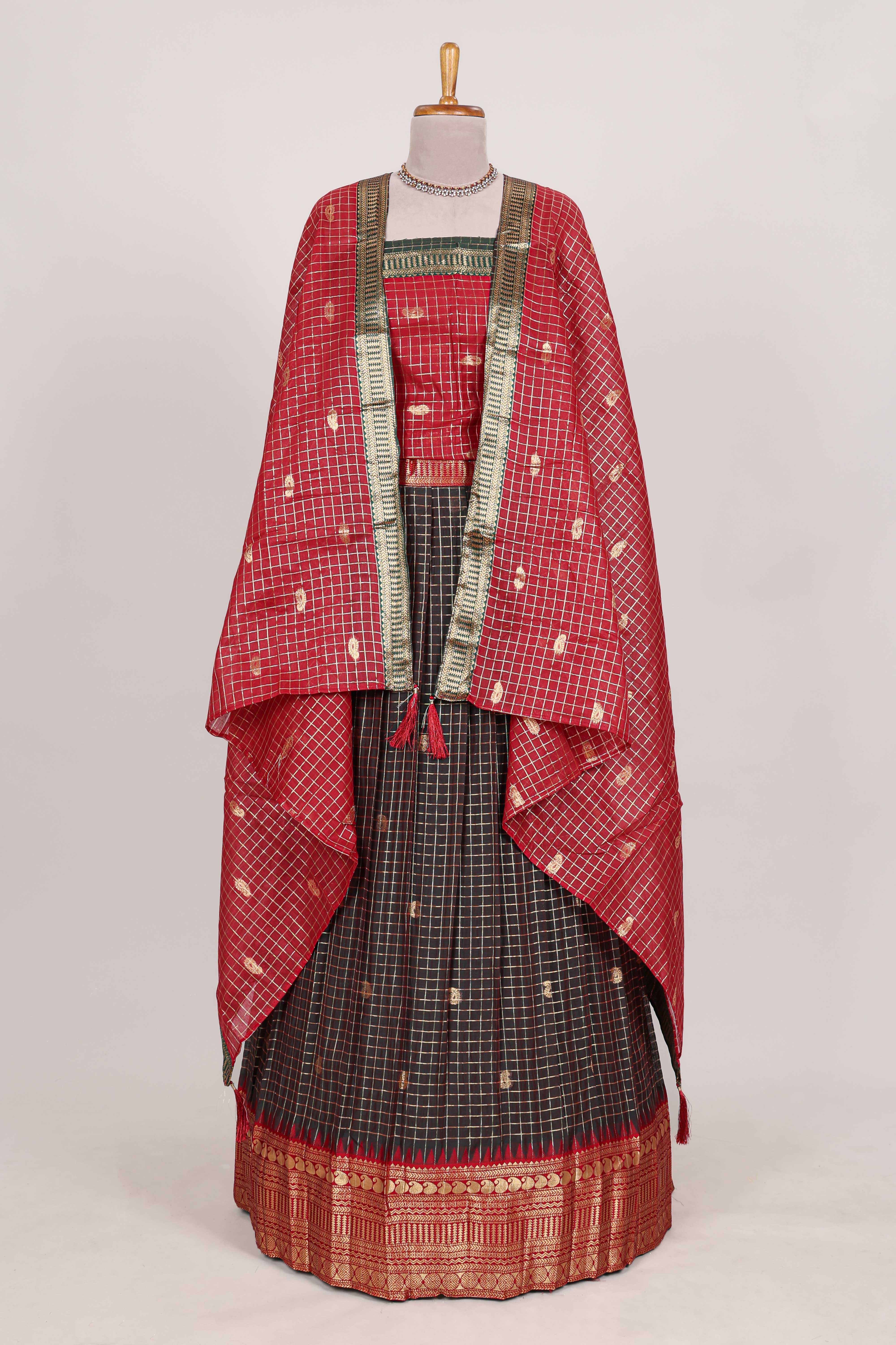 Dark Brown and Red Chettinad Art Cotton Half Saree with Gold Zari Checks Traditional Border and Elegant Woven Detailing Shawl with a Waist Belt