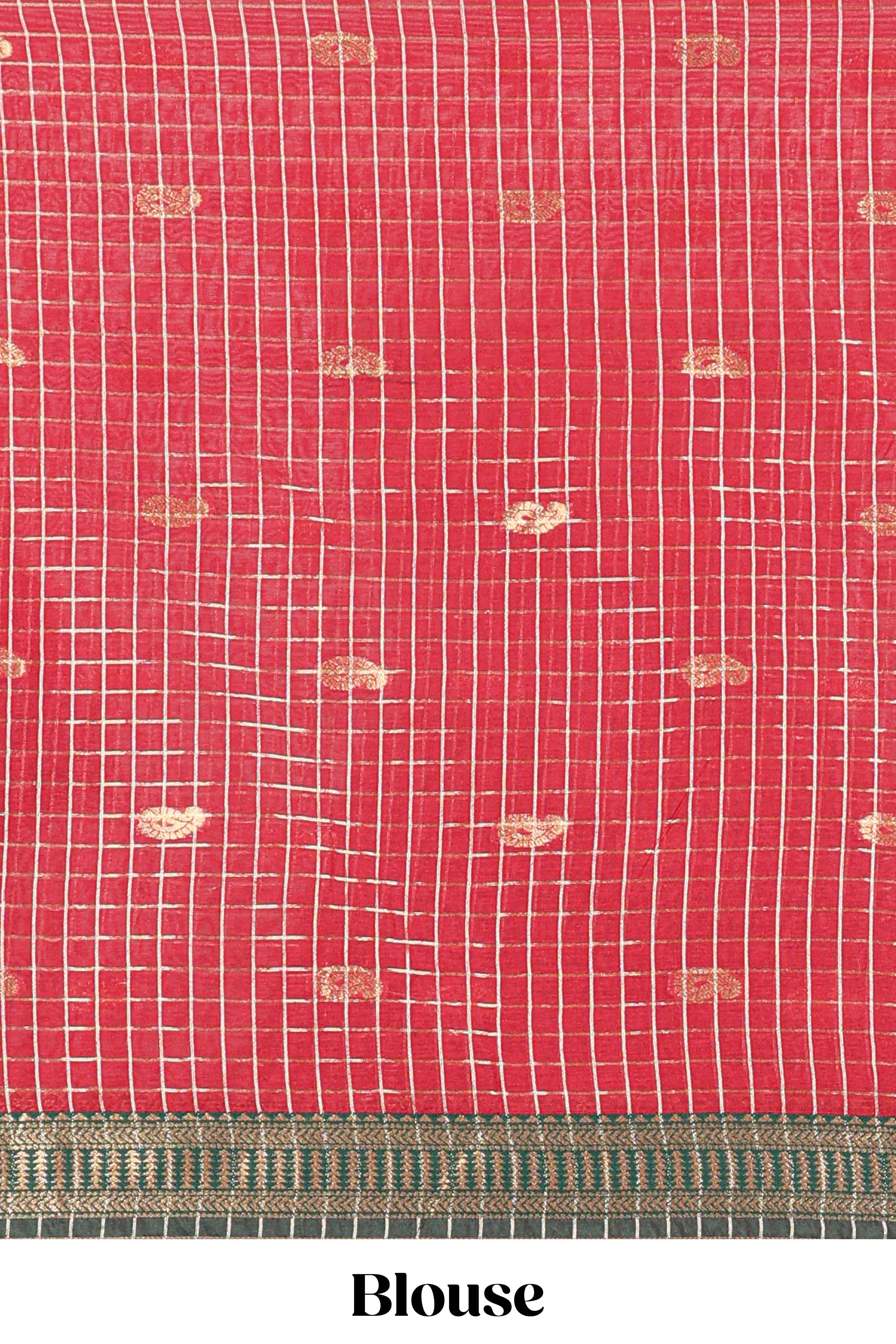 Dark Brown and Red Chettinad Art Cotton Half Saree with Gold Zari Checks Traditional Border and Elegant Woven Detailing Shawl with a Waist Belt