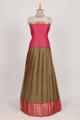 Olive green Chettinad Art Cotton Half Saree with Gold Zari Checks Traditional Border and Elegant Woven Detailing Shawl with a Waist Belt