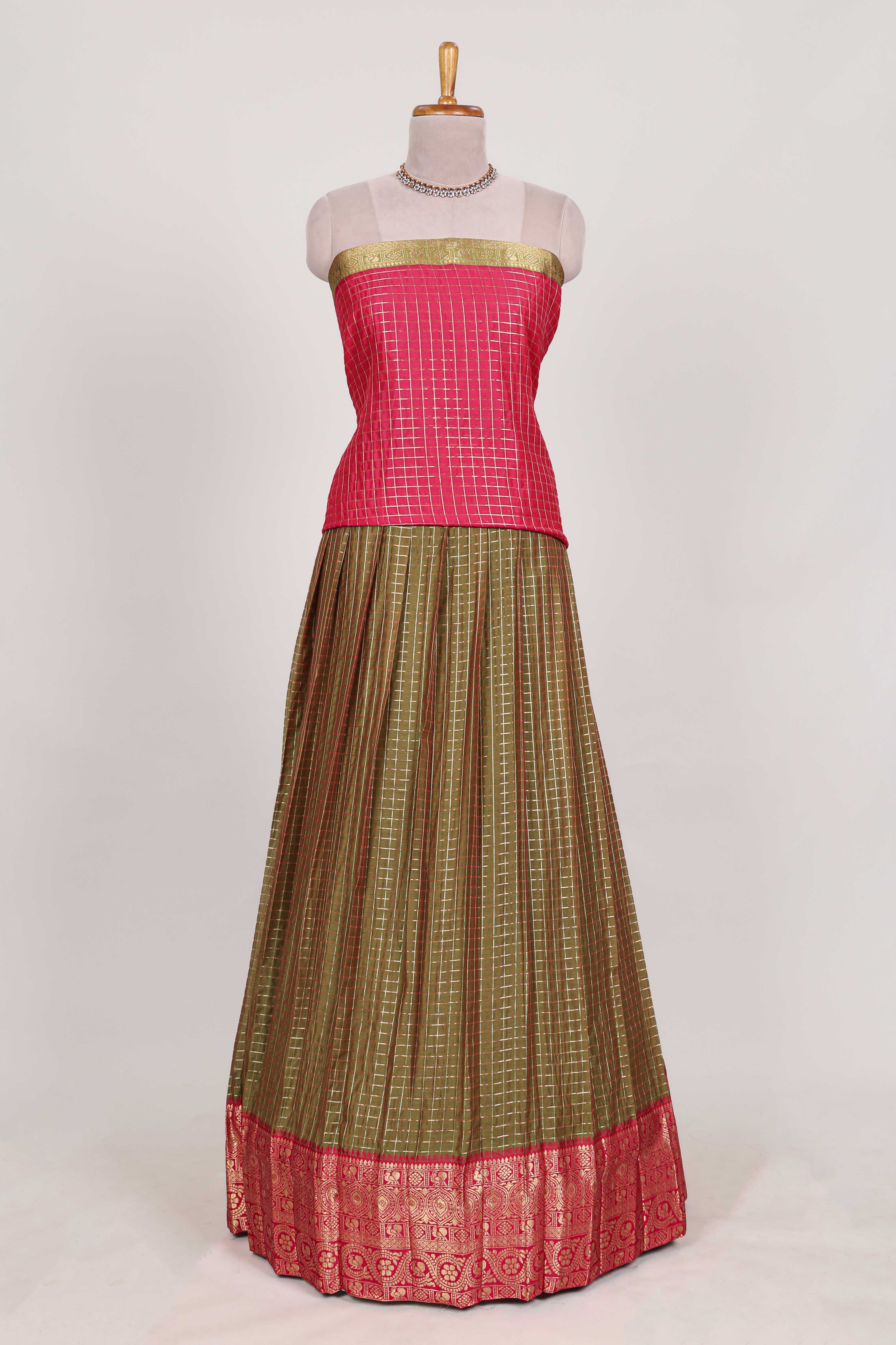 Olive green Chettinad Art Cotton Half Saree with Gold Zari Checks Traditional Border and Elegant Woven Detailing Shawl with a Waist Belt
