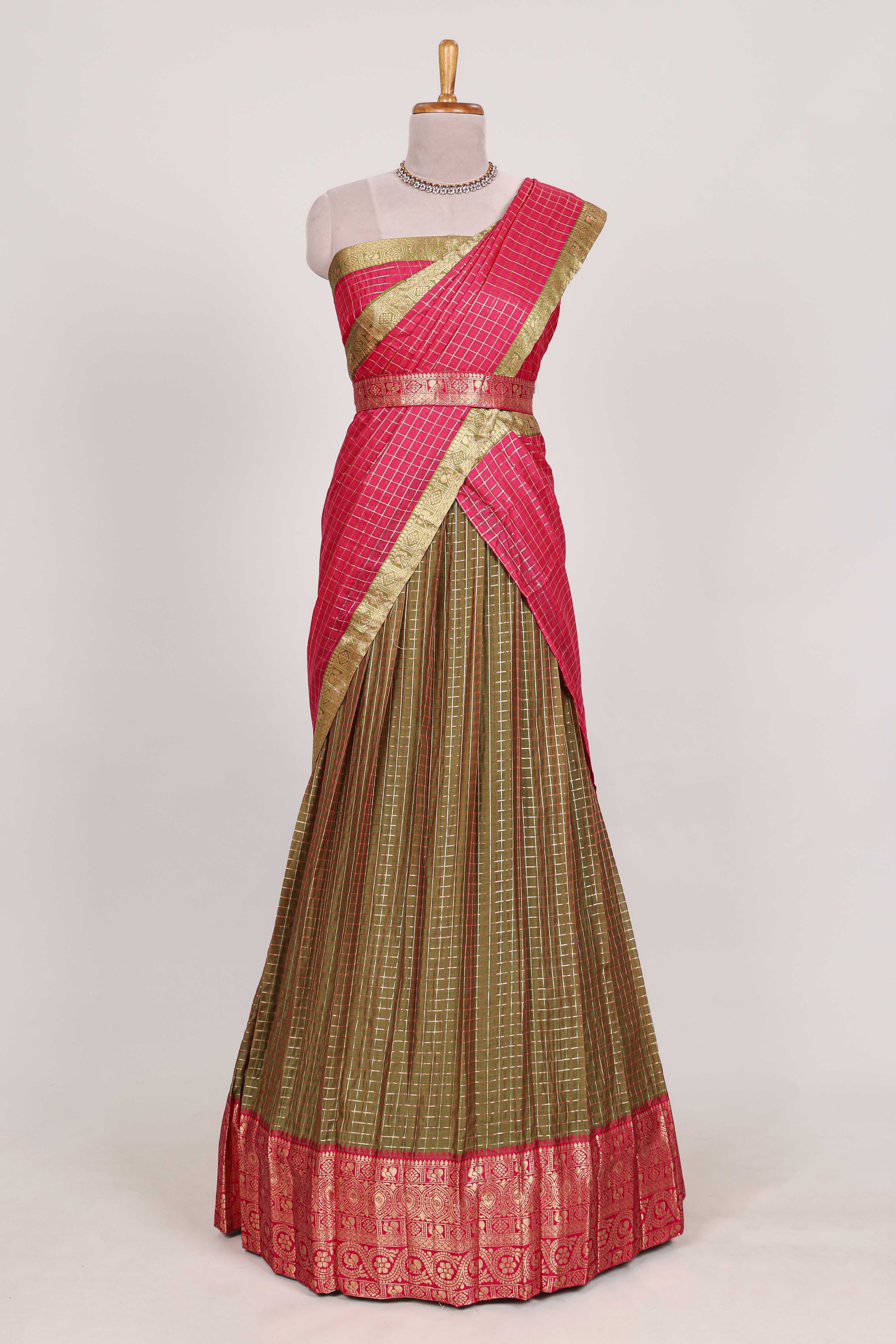 Olive green Chettinad Art Cotton Half Saree with Gold Zari Checks Traditional Border and Elegant Woven Detailing Shawl with a Waist Belt
