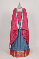 Blue and Pink Chettinad Art Cotton Half Saree with Gold Zari Checks Traditional Border and Elegant Woven Detailing Shawl with a Waist Belt