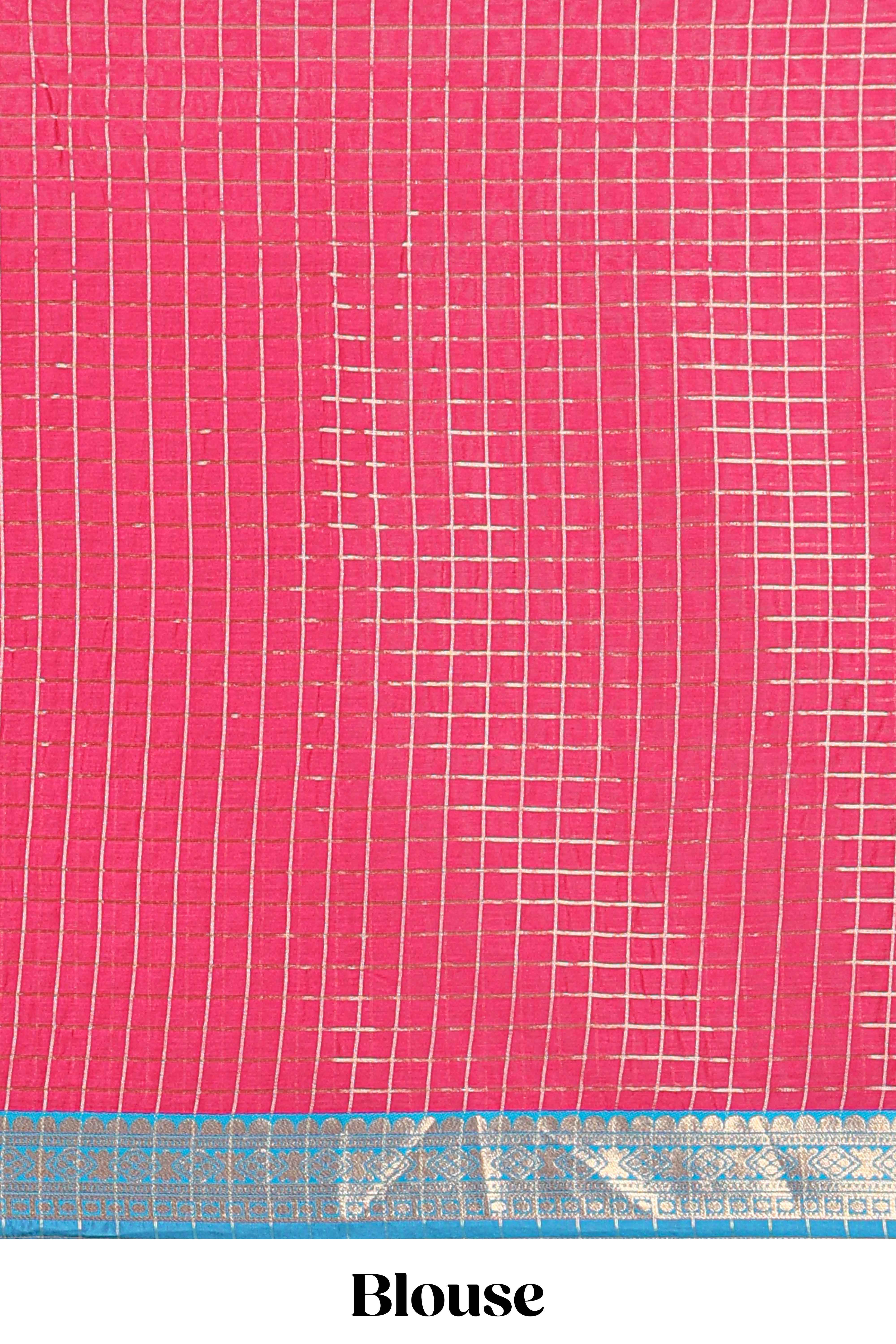 Blue and Pink Chettinad Art Cotton Half Saree with Gold Zari Checks Traditional Border and Elegant Woven Detailing Shawl with a Waist Belt
