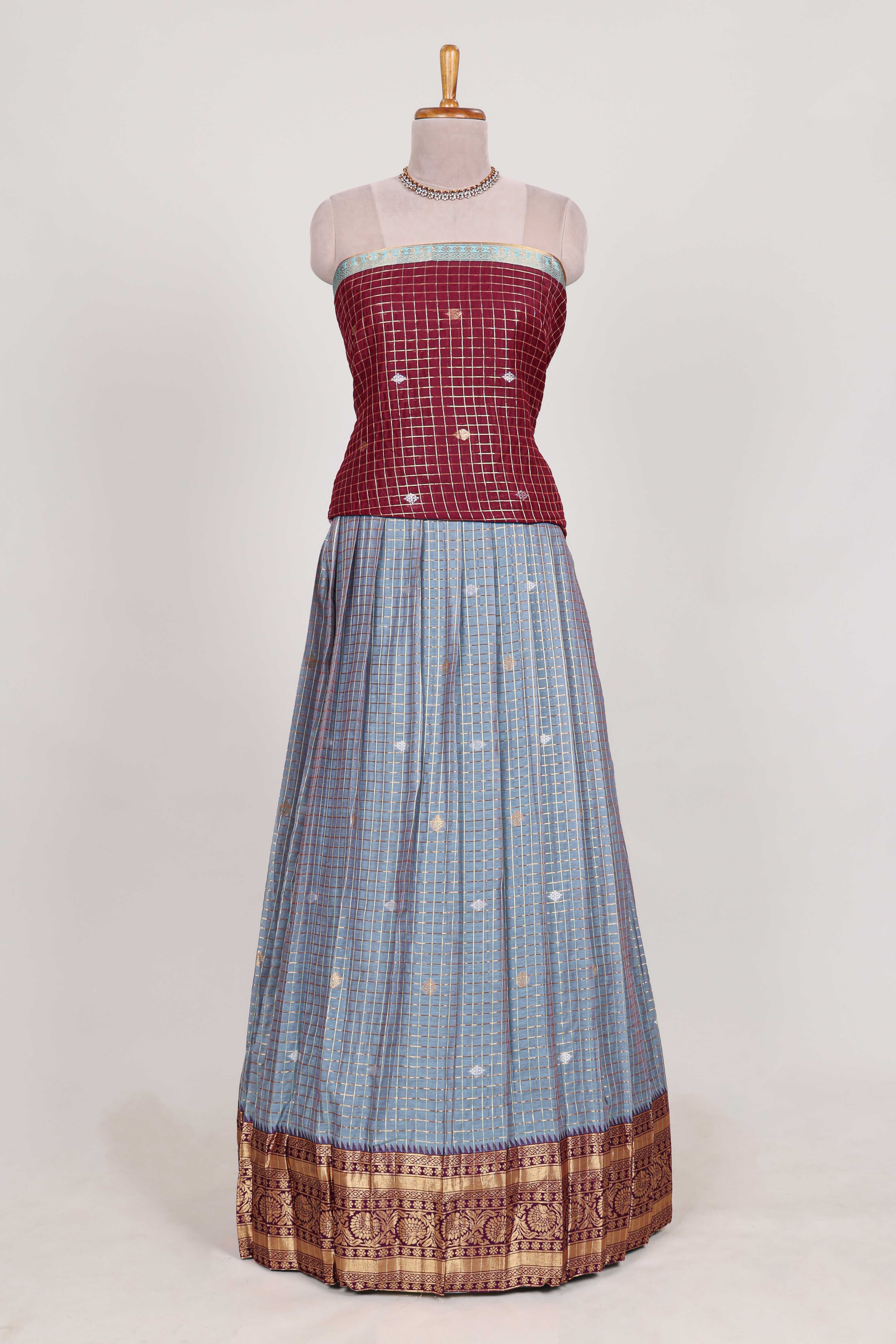 Powder Blue and Maroon Chettinad Art Cotton Half Saree with Gold Zari Checks Traditional Border and Elegant Woven Detailing Shawl with a Waist Belt