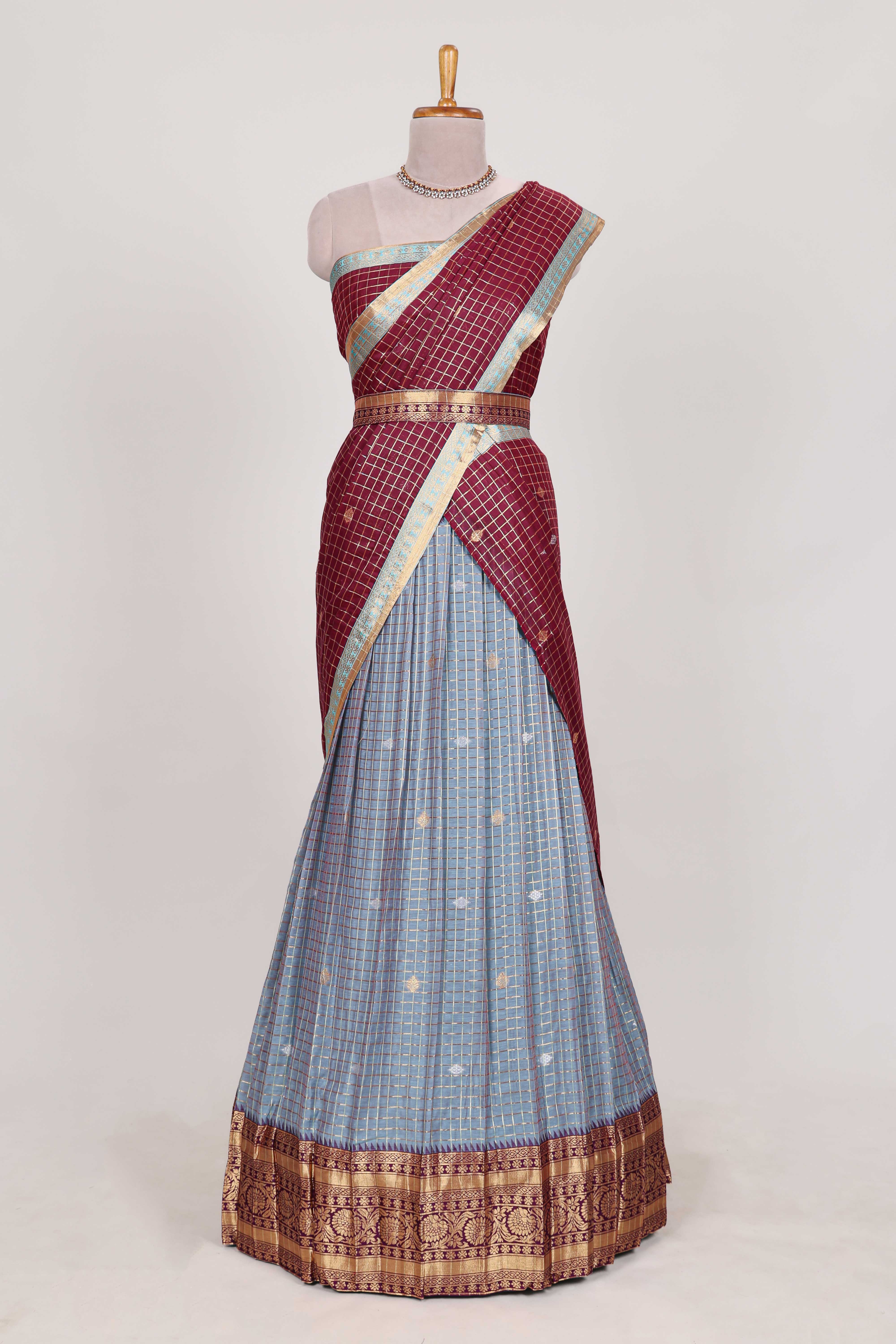 Powder Blue and Maroon Chettinad Art Cotton Half Saree with Gold Zari Checks Traditional Border and Elegant Woven Detailing Shawl with a Waist Belt