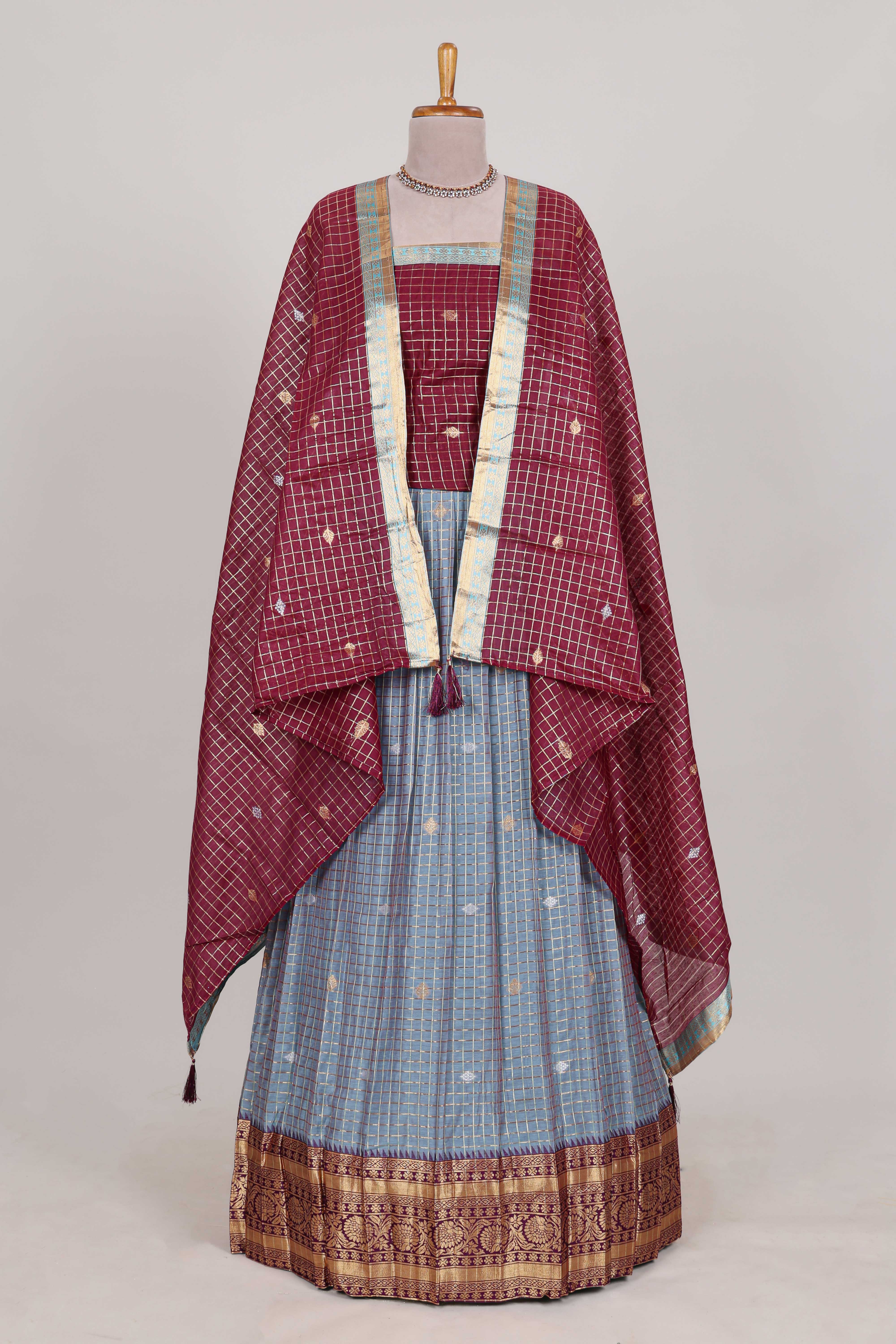 Powder Blue and Maroon Chettinad Art Cotton Half Saree with Gold Zari Checks Traditional Border and Elegant Woven Detailing Shawl with a Waist Belt
