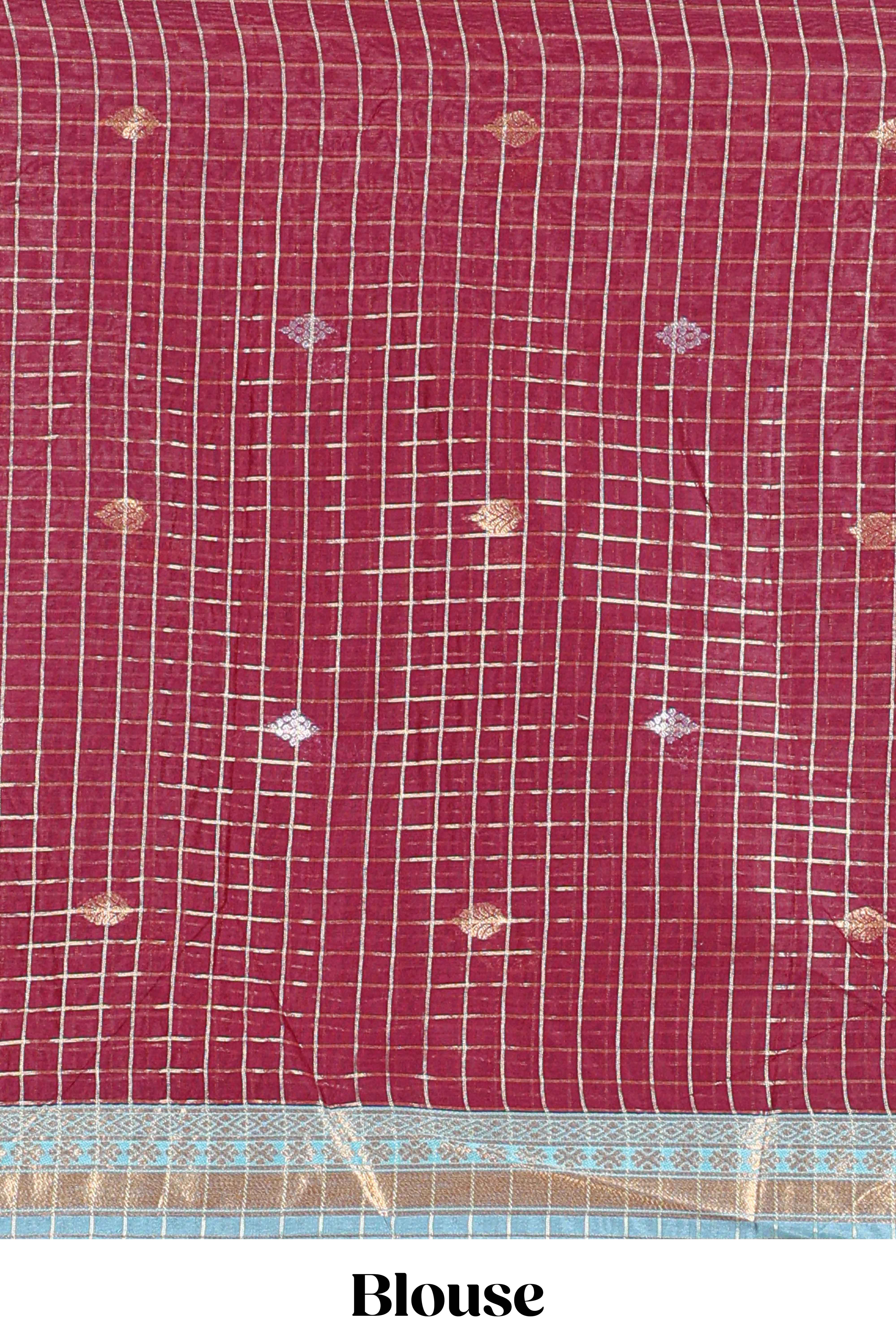 Powder Blue and Maroon Chettinad Art Cotton Half Saree with Gold Zari Checks Traditional Border and Elegant Woven Detailing Shawl with a Waist Belt