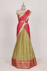 Olive and Pink Chettinad Art Cotton Half Saree with Gold Zari Checks Traditional Border and Elegant Woven Detailing Shawl with a Waist Belt