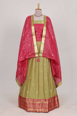 Olive and Pink Chettinad Art Cotton Half Saree with Gold Zari Checks Traditional Border and Elegant Woven Detailing Shawl with a Waist Belt