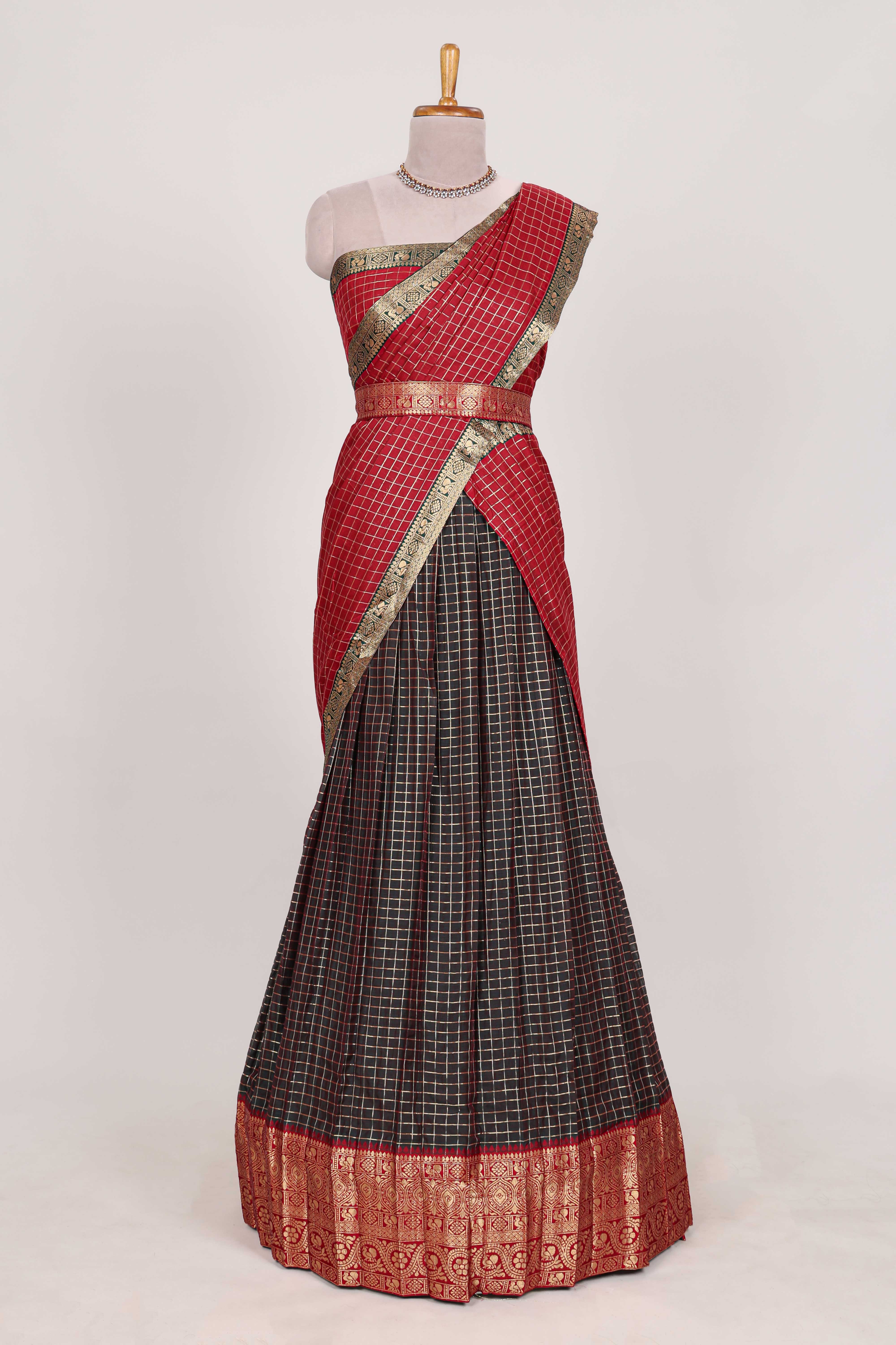 Brown and Red Chettinad Art Cotton Half Saree with Gold Zari Checks Traditional Border and Elegant Woven Detailing Shawl with a Waist Belt