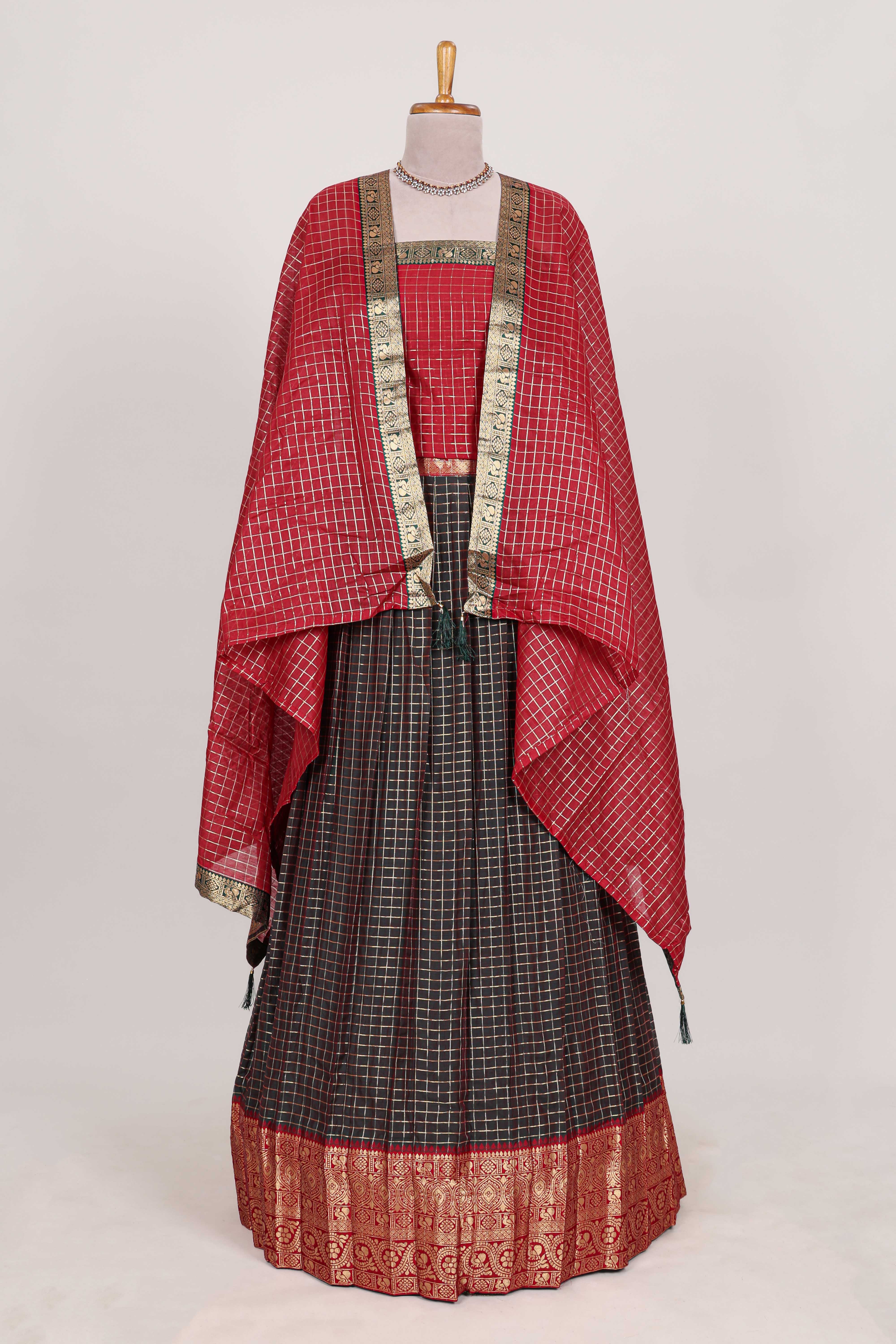 Brown and Red Chettinad Art Cotton Half Saree with Gold Zari Checks Traditional Border and Elegant Woven Detailing Shawl with a Waist Belt