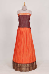 Orange and Brown Chettinad Art Cotton Half Saree with Gold Zari Checks Traditional Border and Elegant Woven Detailing Shawl with a Waist Belt
