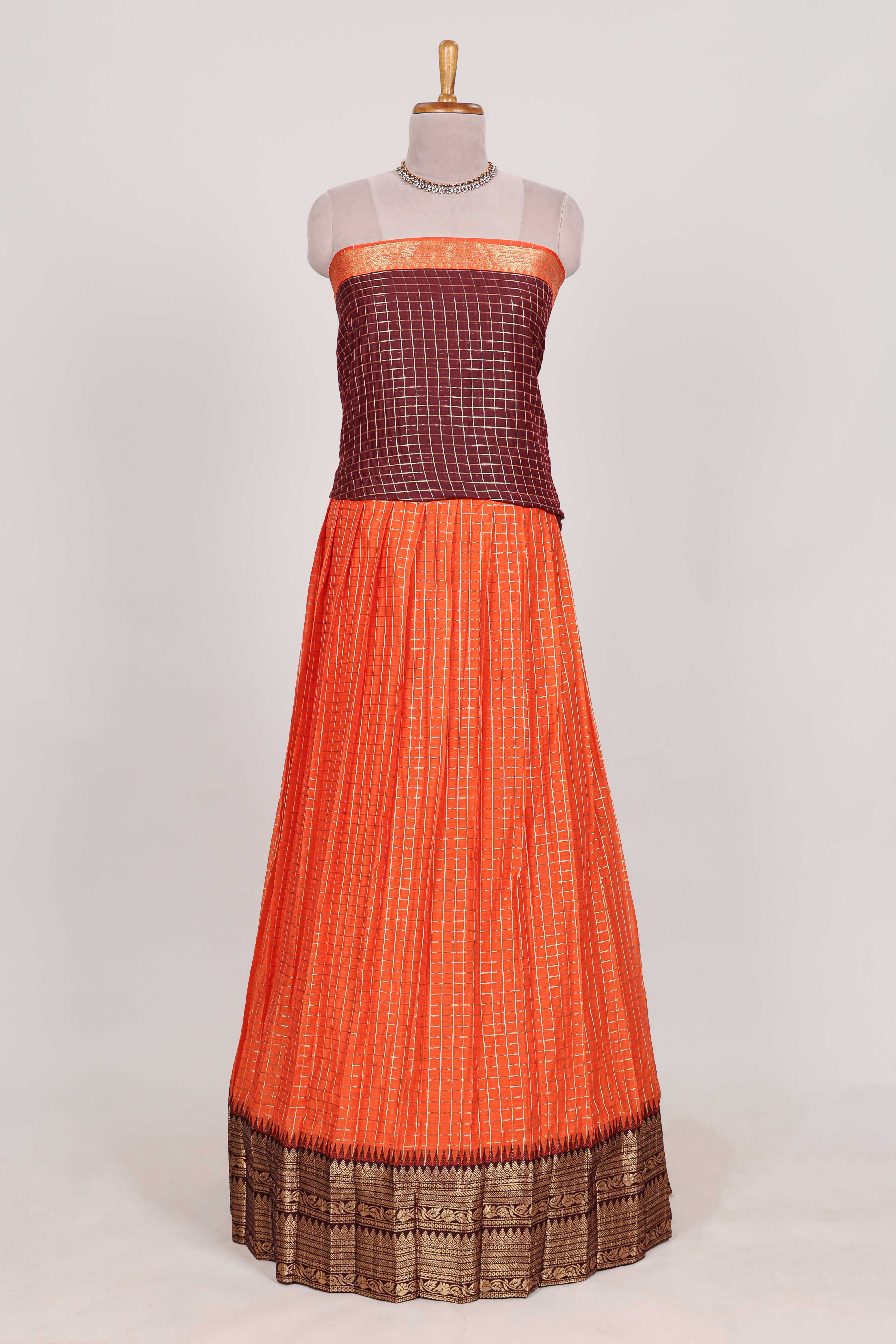 Orange and Brown Chettinad Art Cotton Half Saree with Gold Zari Checks Traditional Border and Elegant Woven Detailing Shawl with a Waist Belt