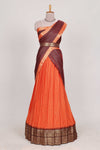 Orange and Brown Chettinad Art Cotton Half Saree with Gold Zari Checks Traditional Border and Elegant Woven Detailing Shawl with a Waist Belt
