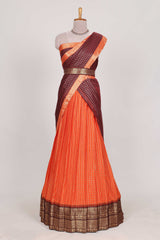 Orange and Brown Chettinad Art Cotton Half Saree with Gold Zari Checks Traditional Border and Elegant Woven Detailing Shawl with a Waist Belt