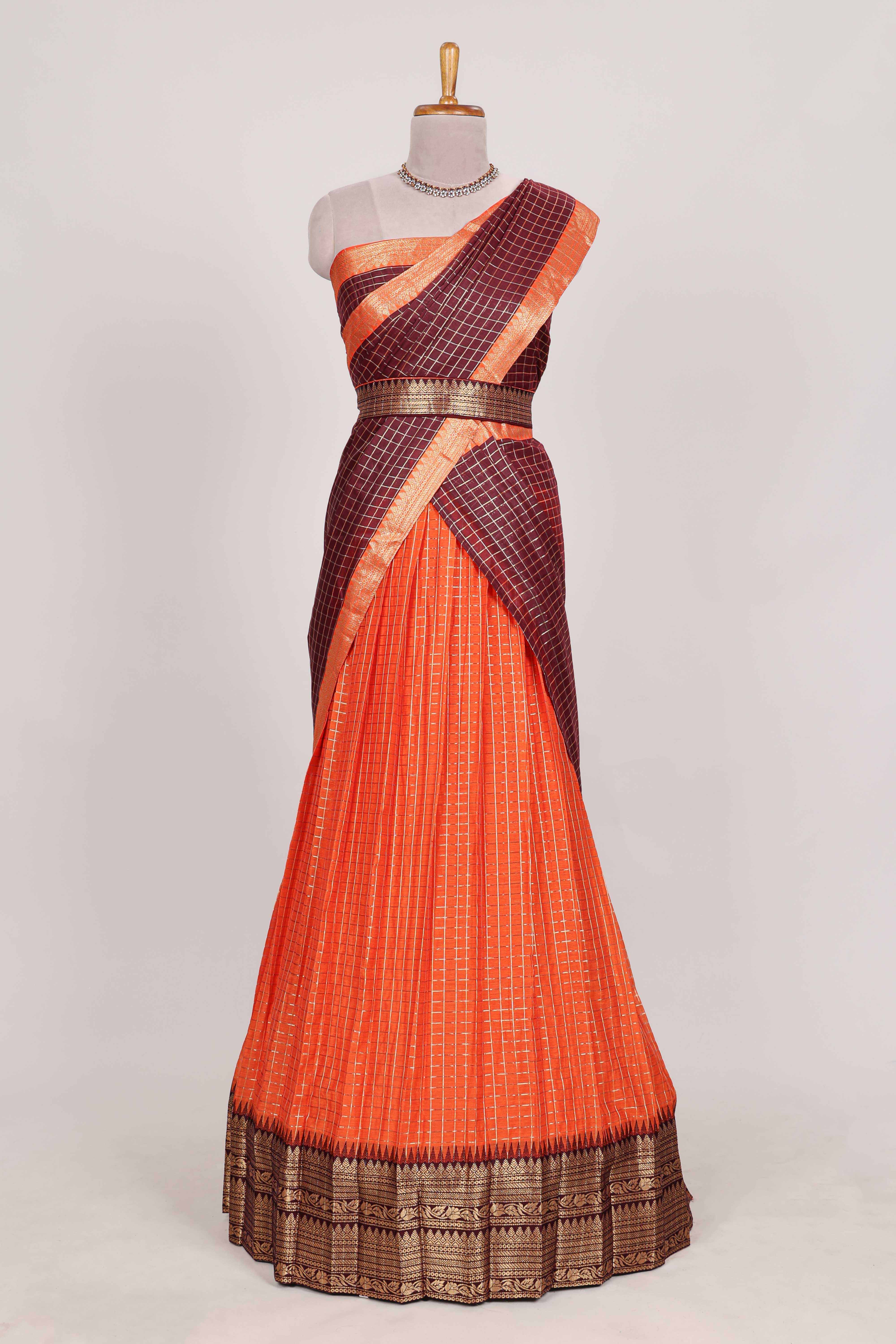 Orange and Brown Chettinad Art Cotton Half Saree with Gold Zari Checks Traditional Border and Elegant Woven Detailing Shawl with a Waist Belt