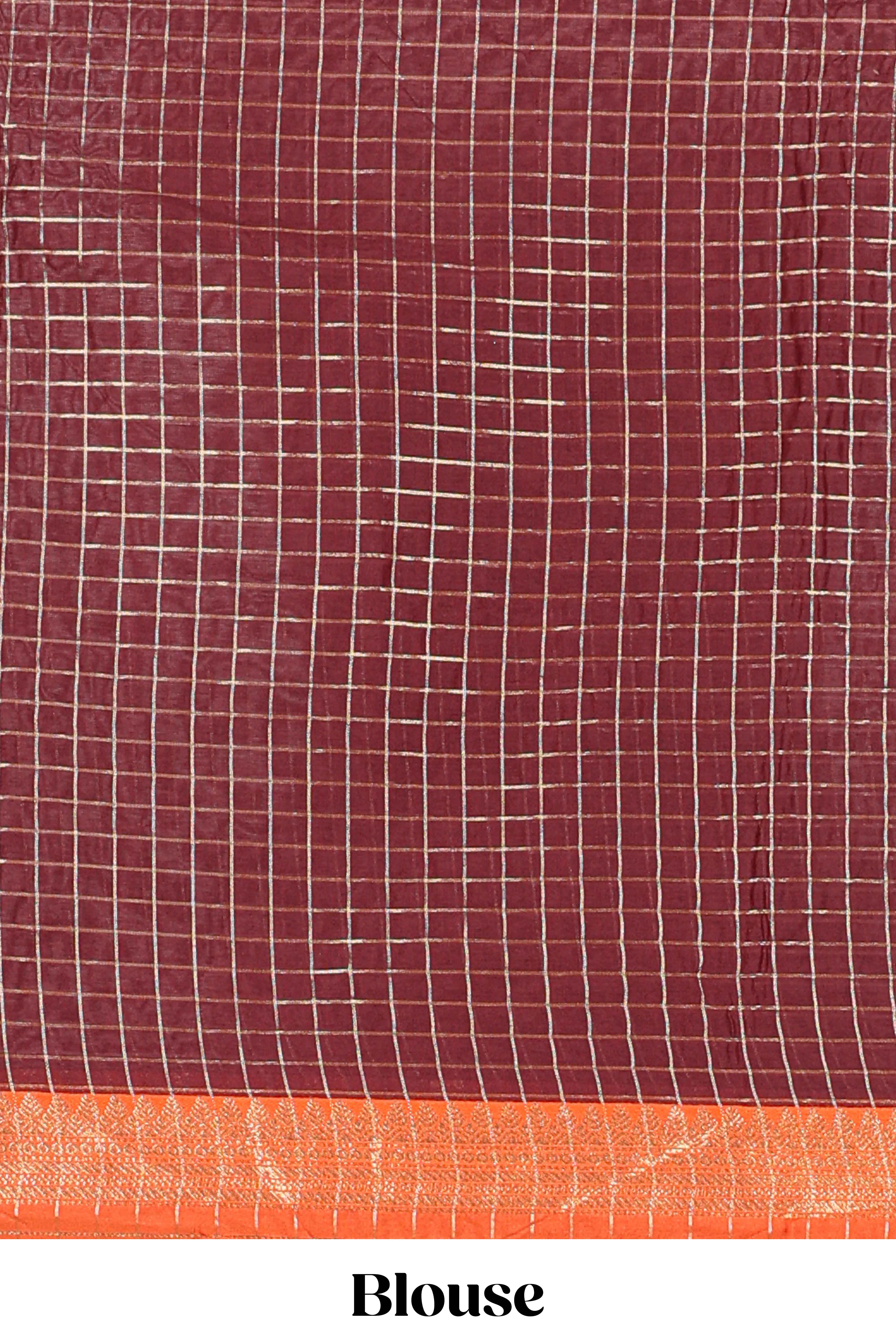 Orange and Brown Chettinad Art Cotton Half Saree with Gold Zari Checks Traditional Border and Elegant Woven Detailing Shawl with a Waist Belt