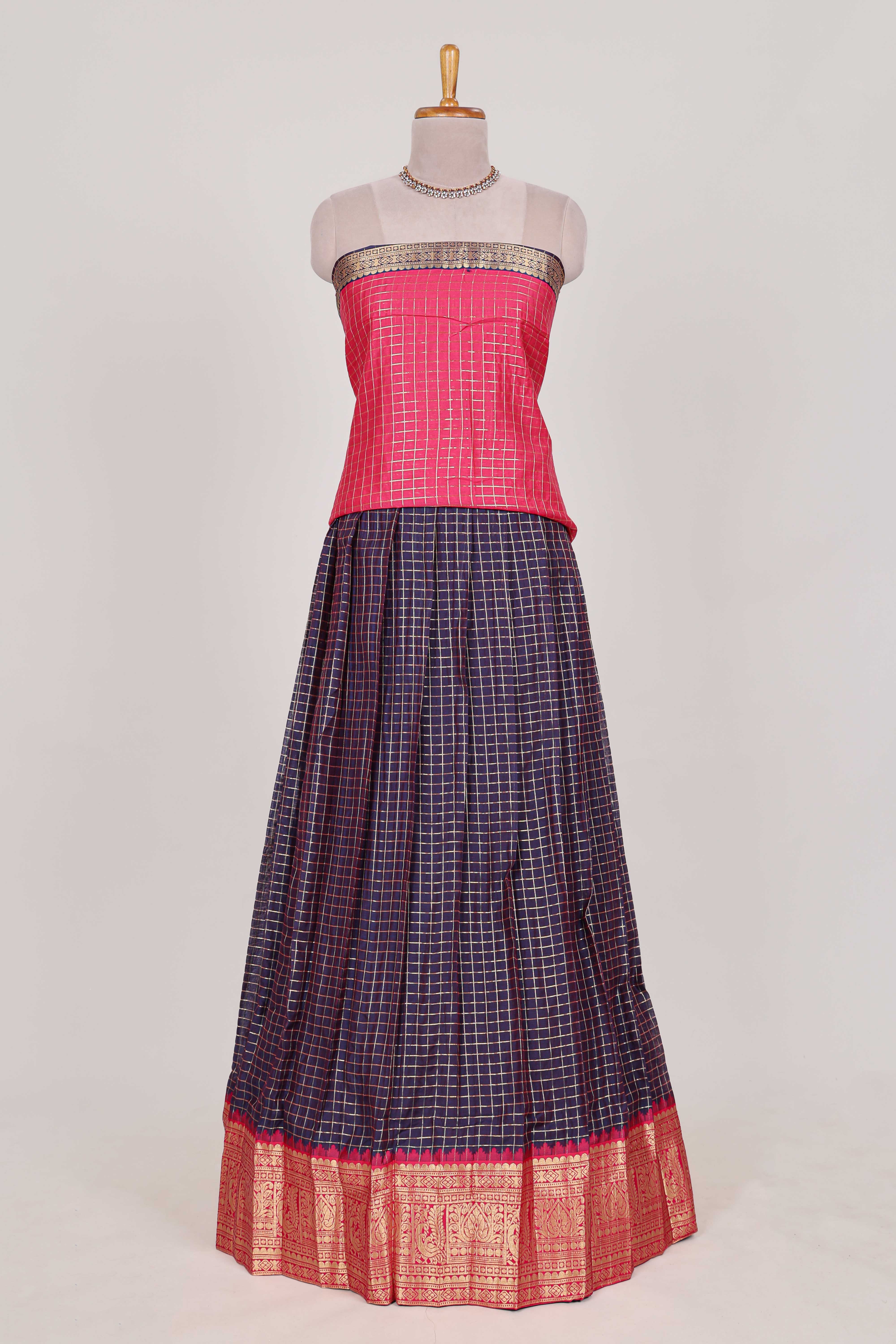 Pink and Violet Chettinad Art Cotton Half Saree with Gold Zari Checks Traditional Border and Elegant Woven Detailing Shawl with a Waist Belt